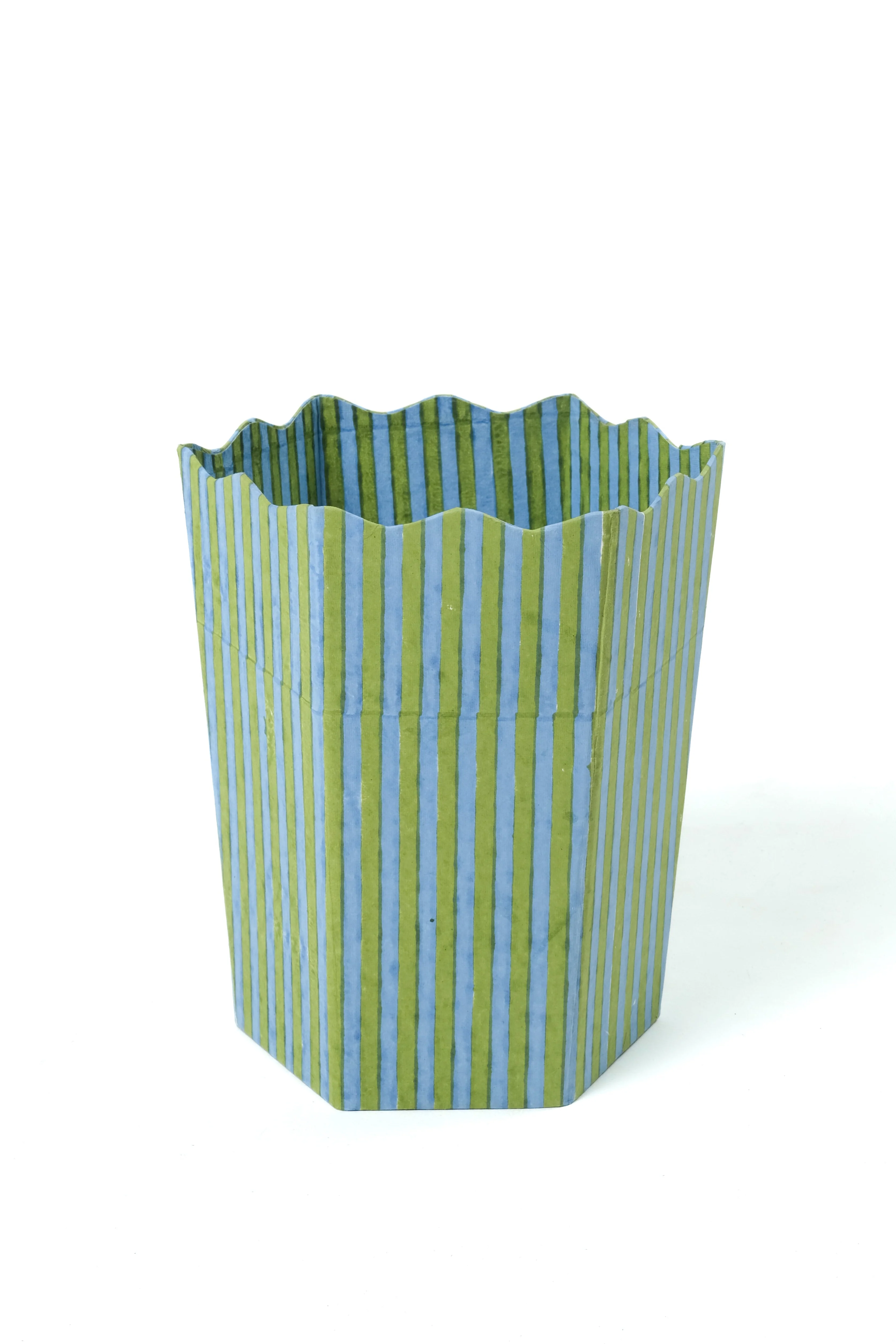 Blockprint Scallop Waste Bin / Storage Bin in Green and Blue Stripes - Image 5