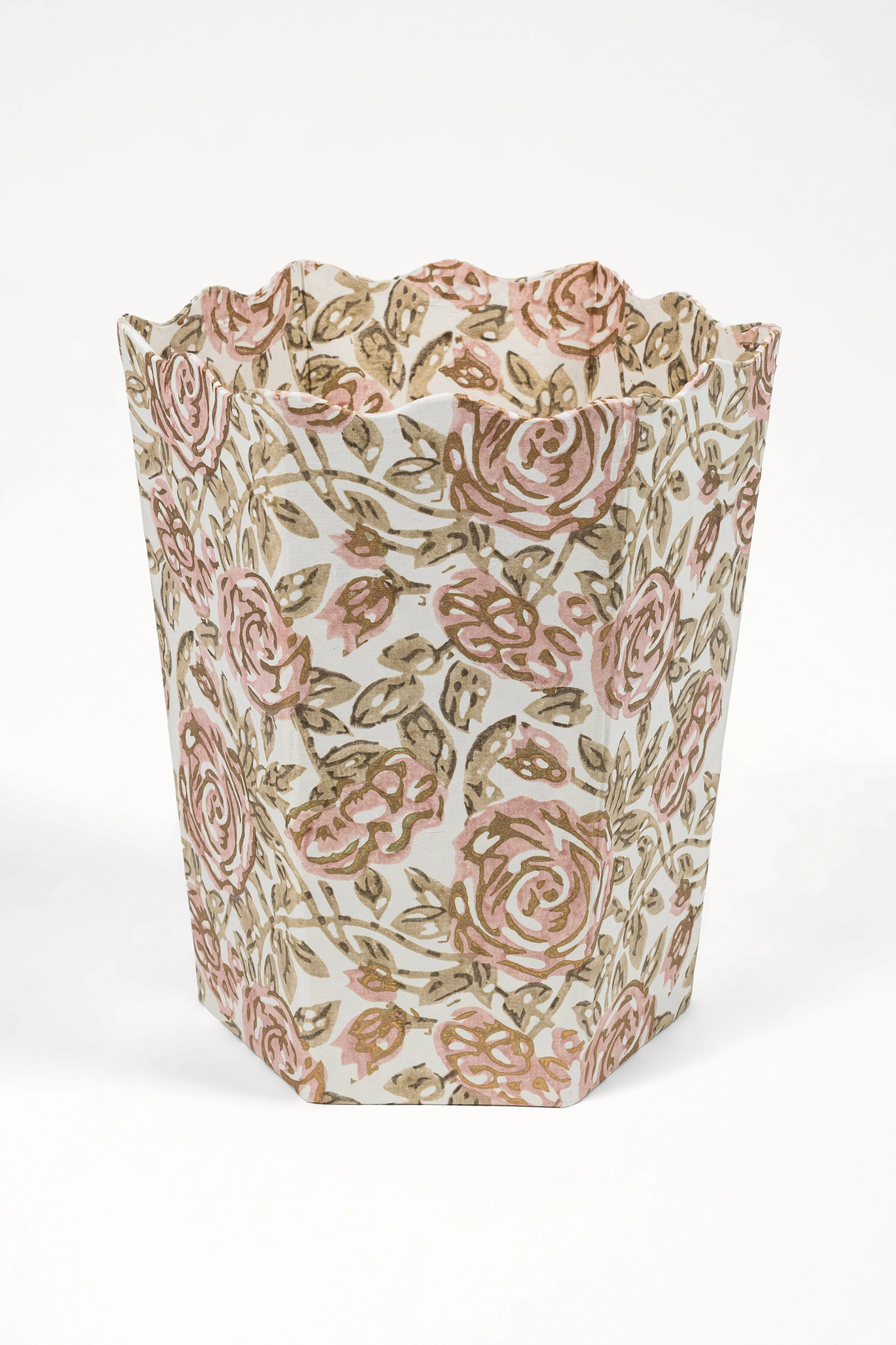 Blockprint Scallop Waste Bin / Storage Bin in Rose Garden