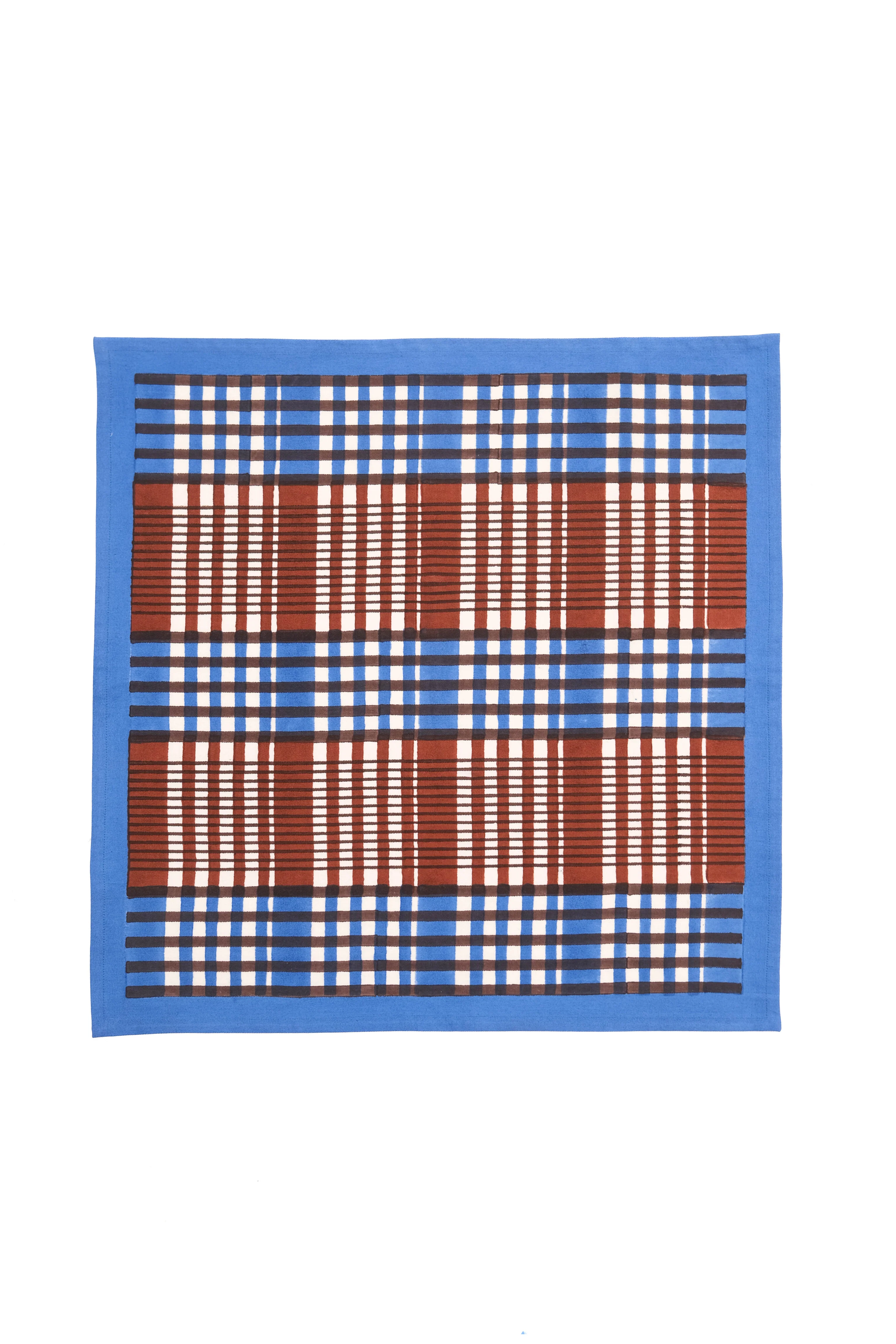 Shetland Plaid Blockprint Napkins in Brown and Blue, Set of 4