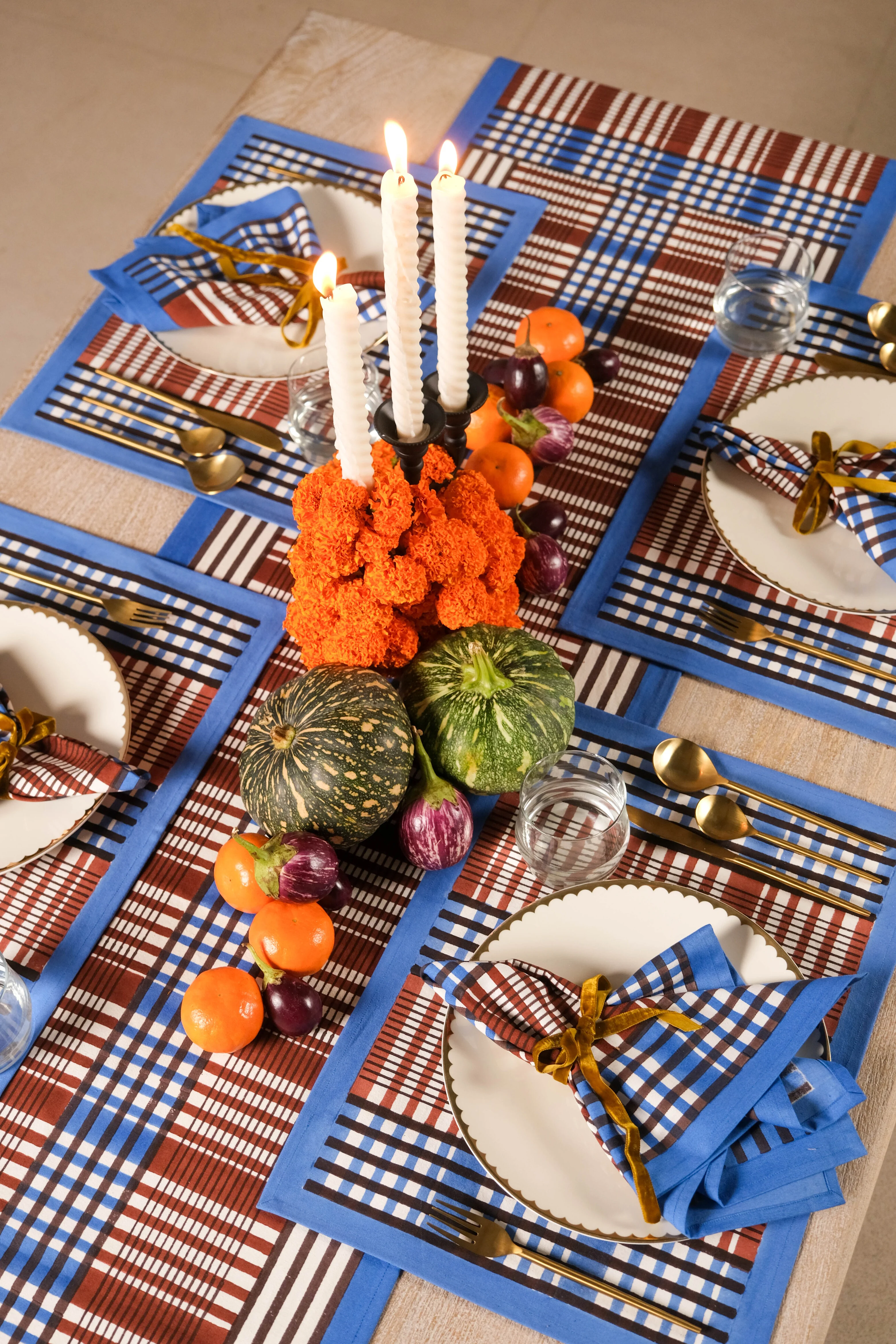 Shetland Plaid Blockprint Placemat in Brown and Blue - Image 3