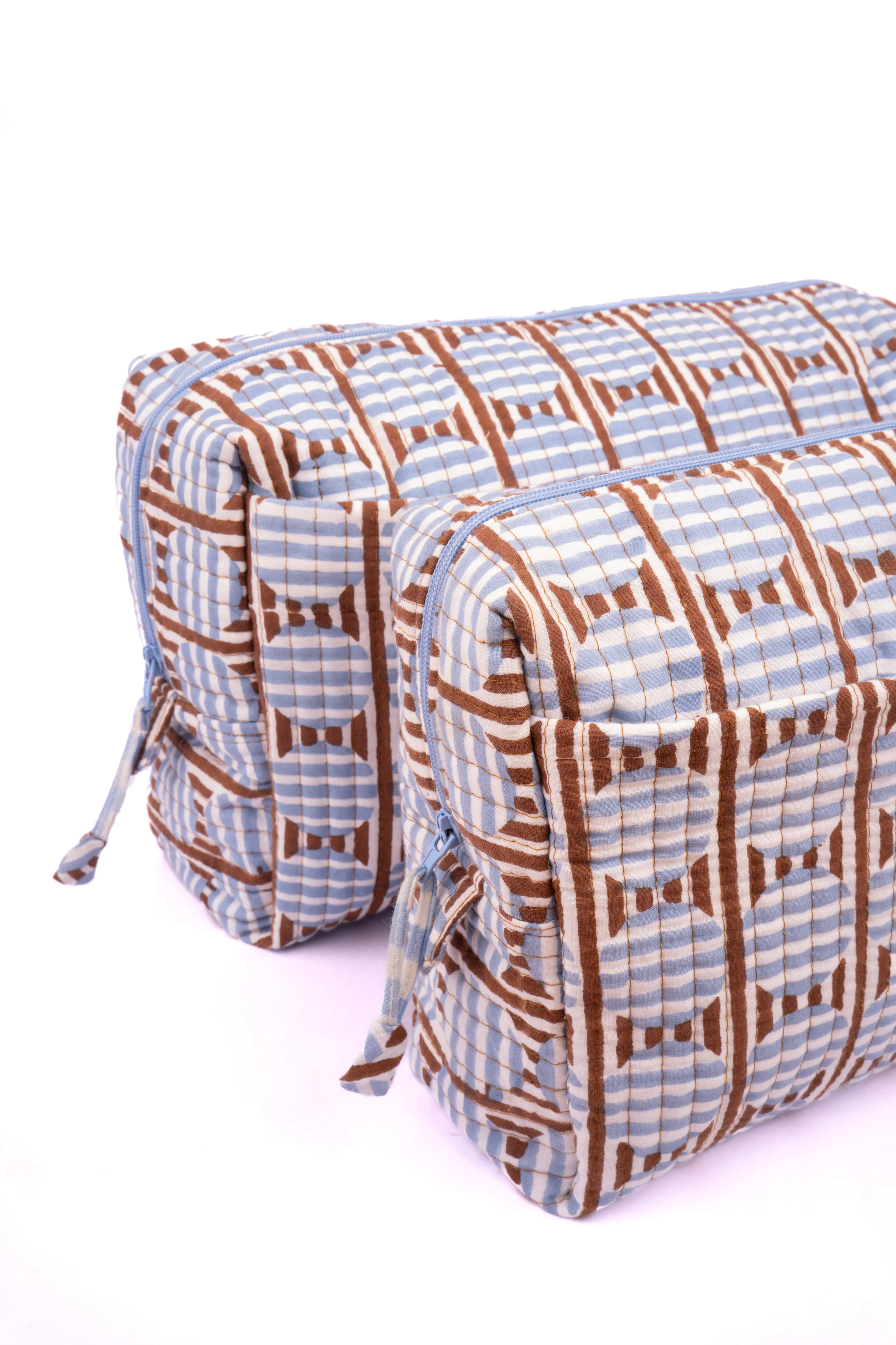 Striped Circles Blockprint Travel Pouch in Brown and Blue - Image 3