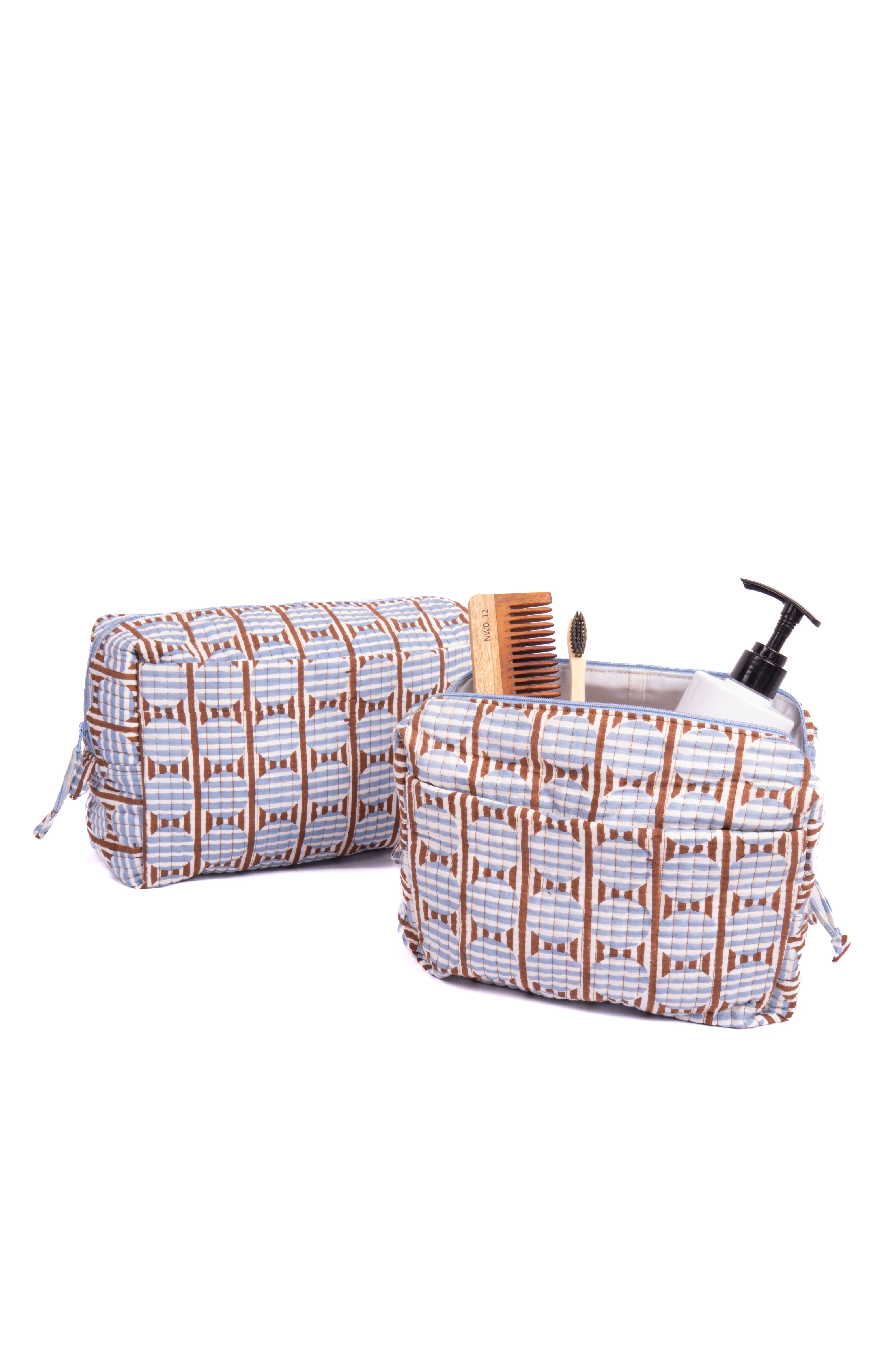Striped Circles Blockprint Travel Pouch in Brown and Blue - Image 4