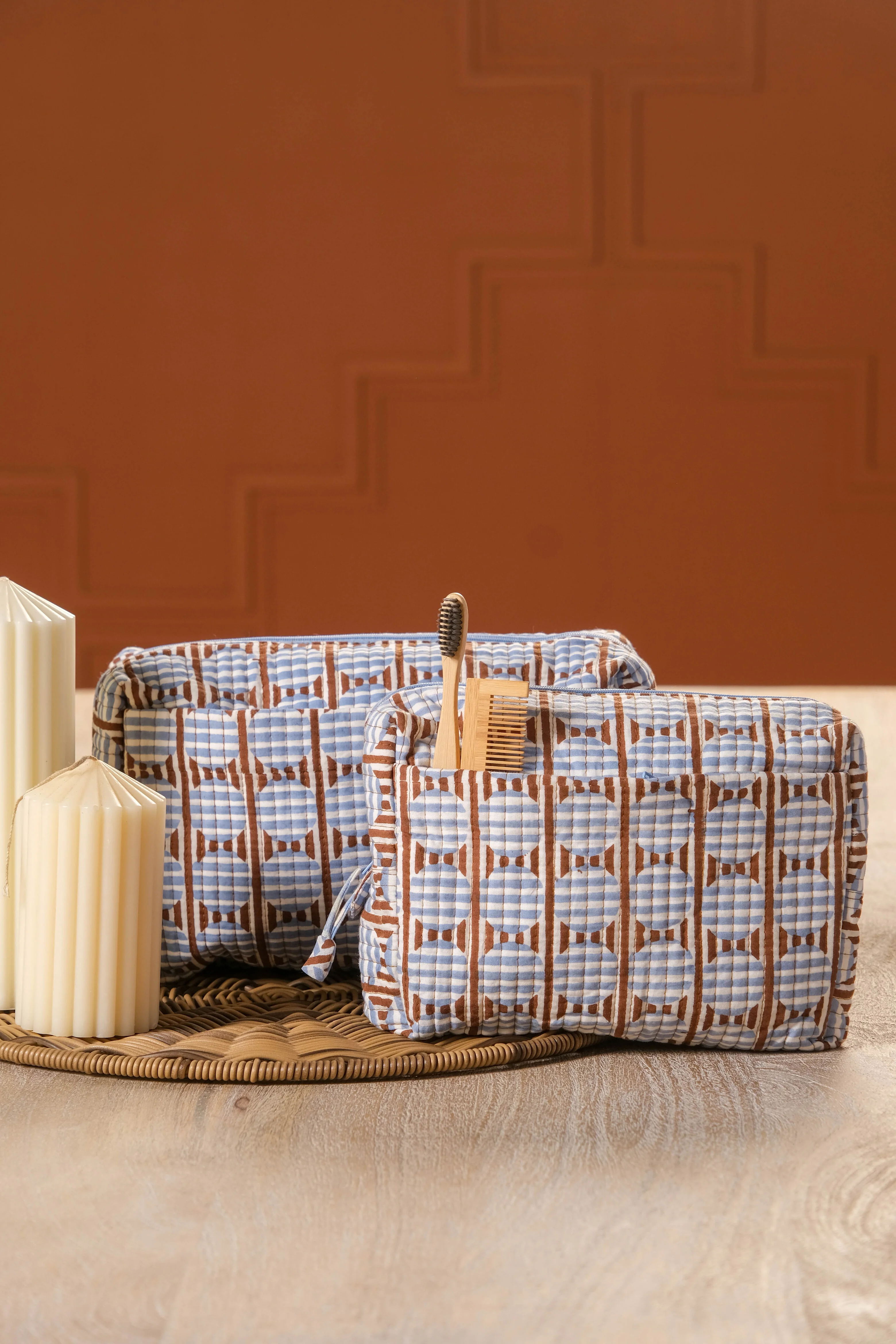 Striped Circles Blockprint Travel Pouch in Brown and Blue - Image 5