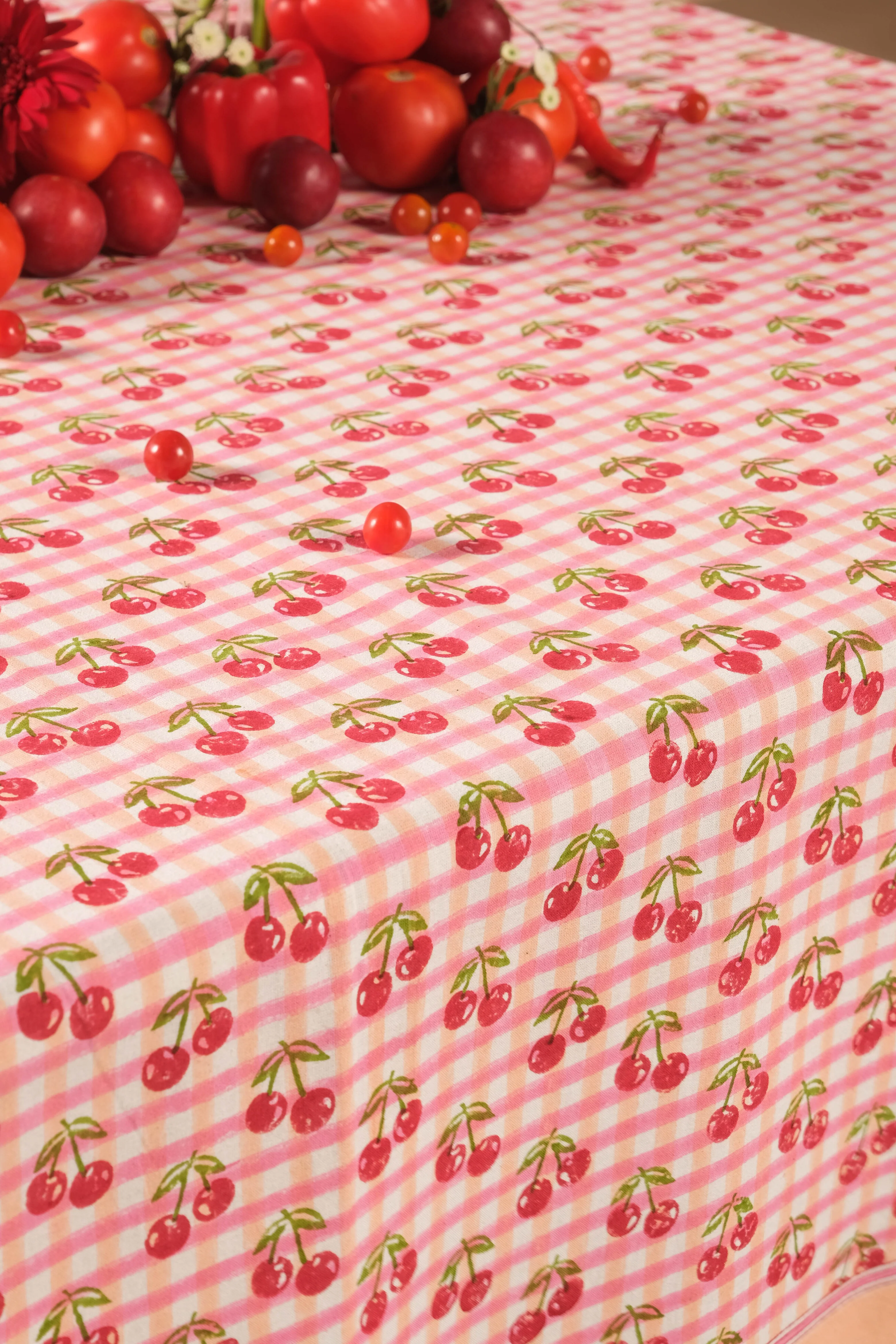 Cherry Blockprint Tablecloth in Red Gingham - Image 10