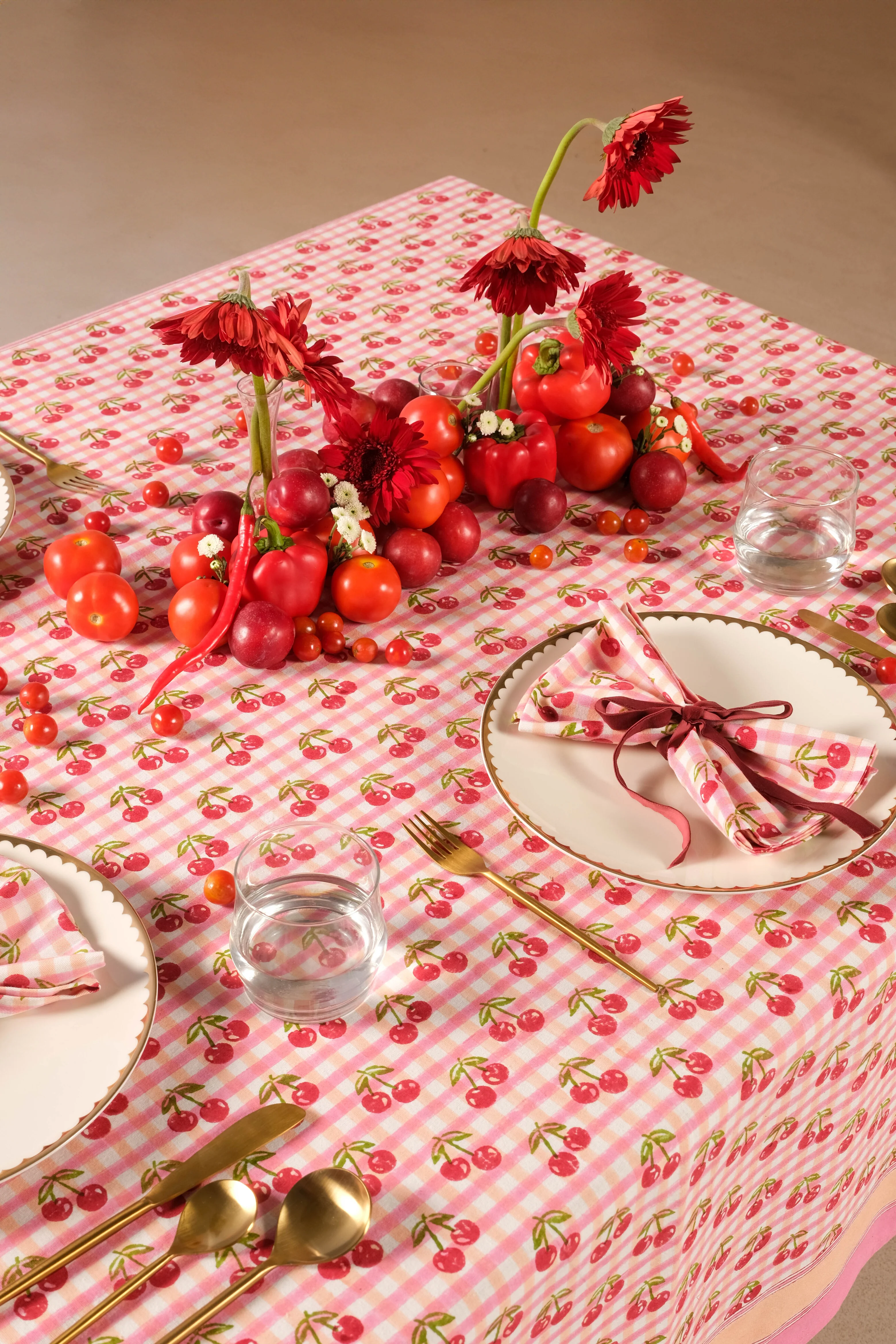 Cherry Blockprint Tablecloth in Red Gingham - Image 2