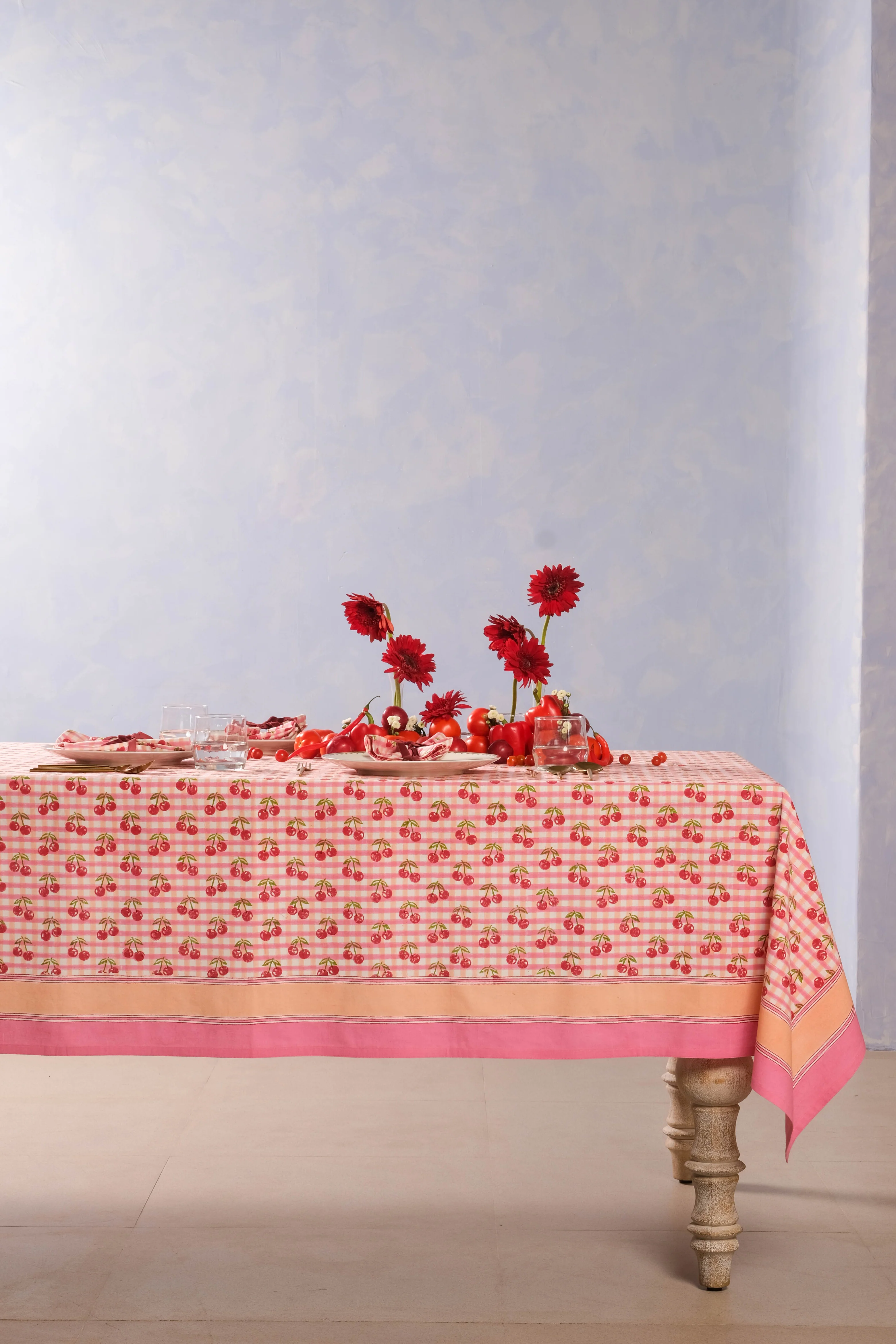 Cherry Blockprint Tablecloth in Red Gingham - Image 3