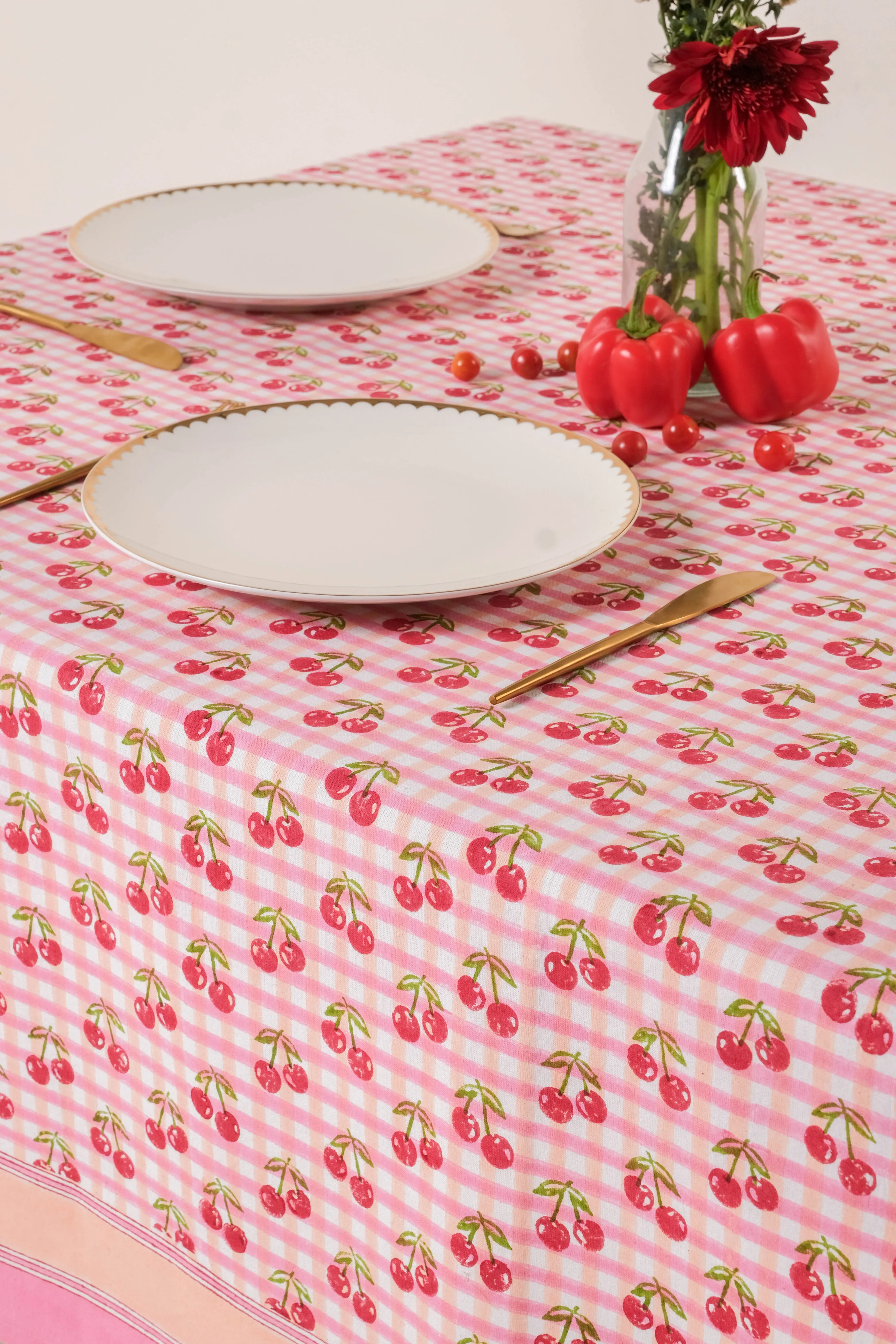 Cherry Blockprint Tablecloth in Red Gingham - Image 4