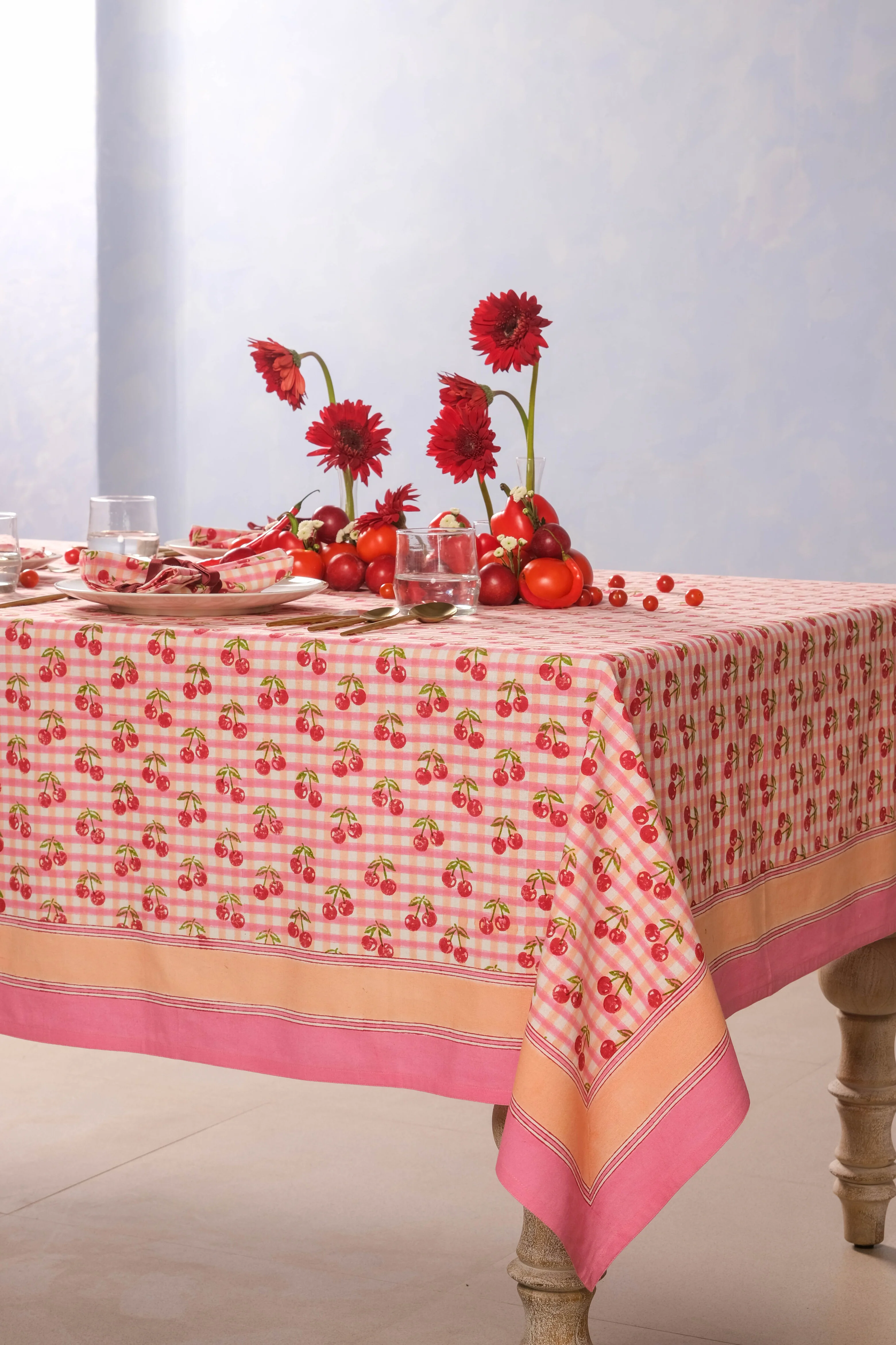 Cherry Blockprint Tablecloth in Red Gingham - Image 6