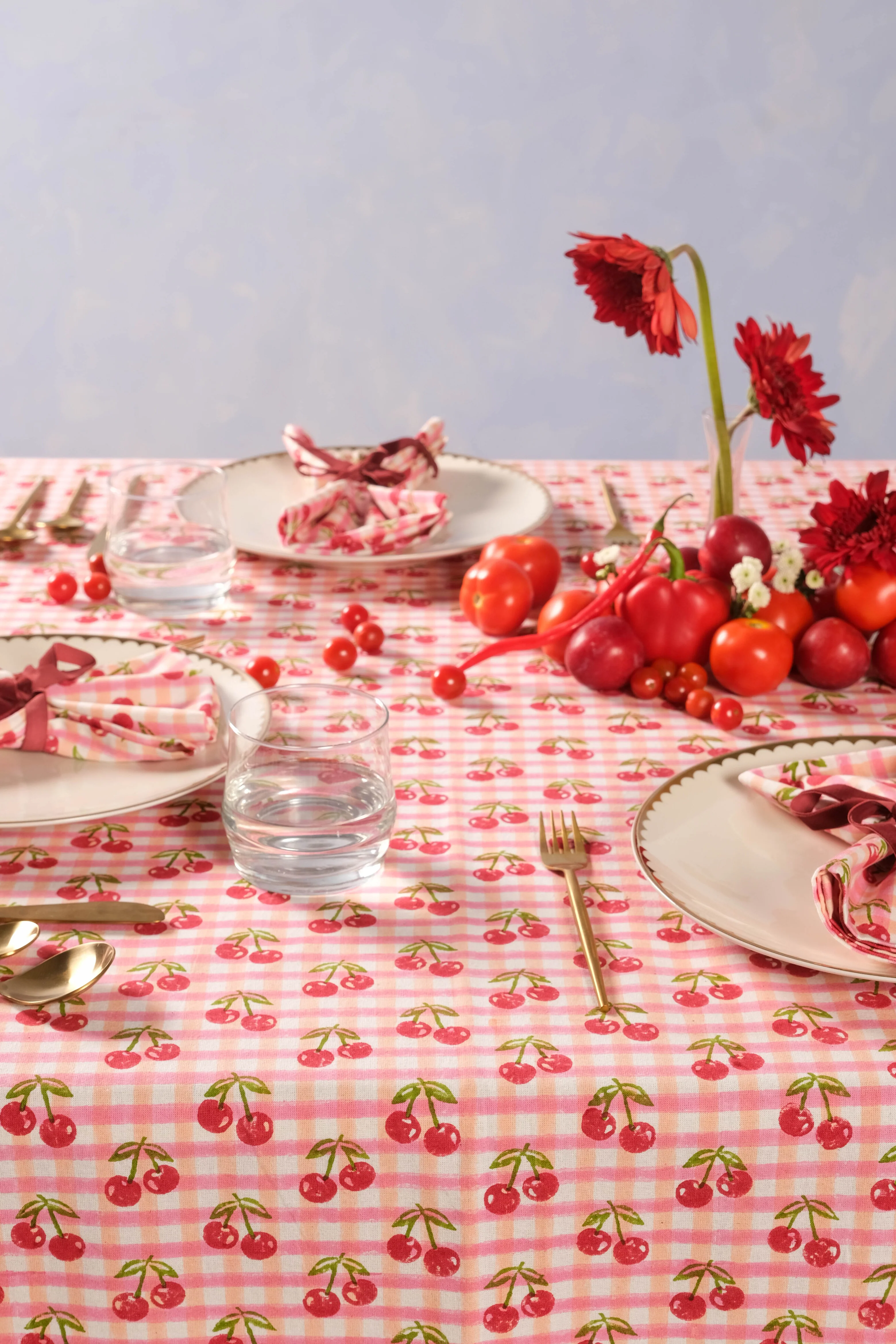 Cherry Blockprint Tablecloth in Red Gingham - Image 7