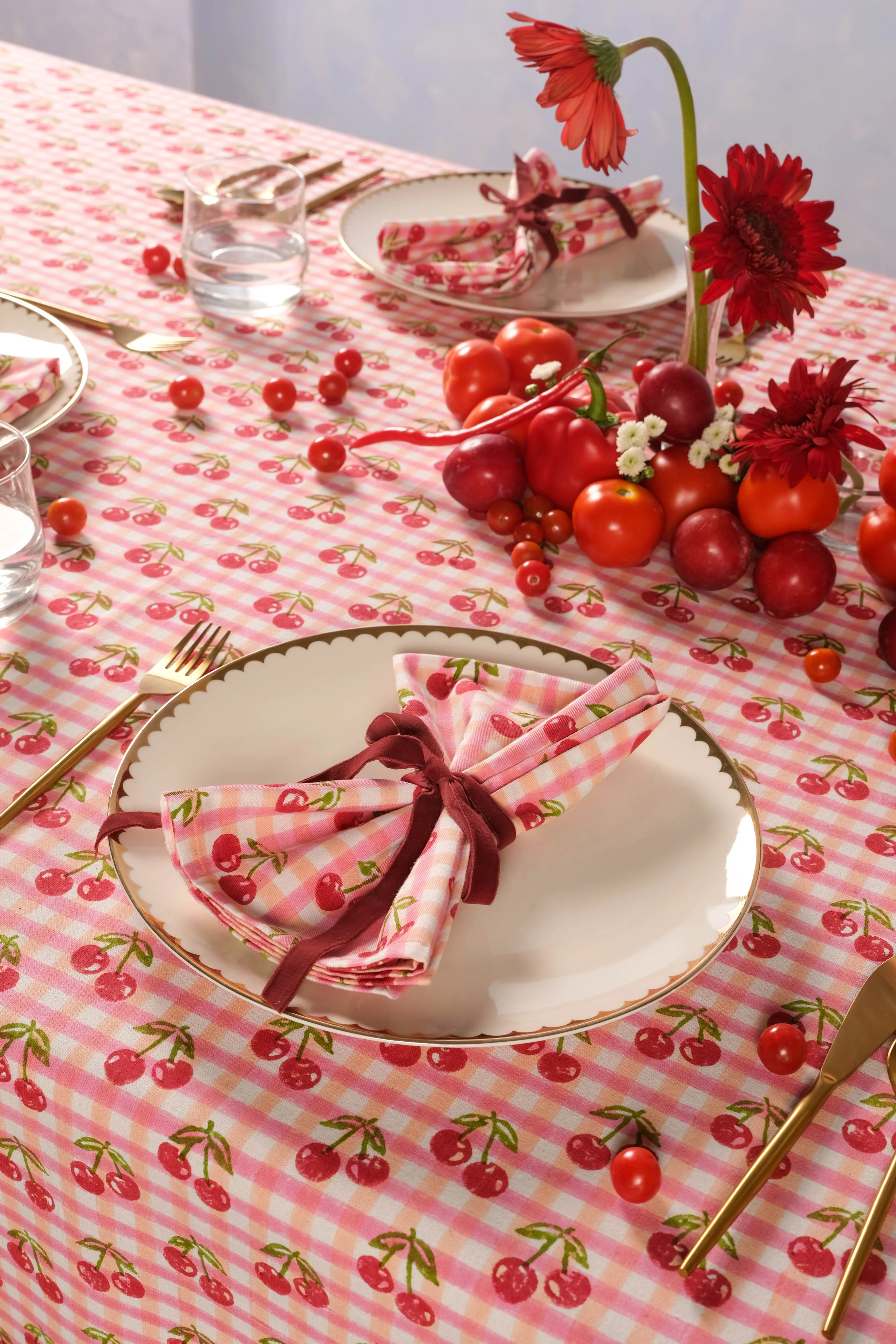 Cherry Blockprint Tablecloth in Red Gingham - Image 8