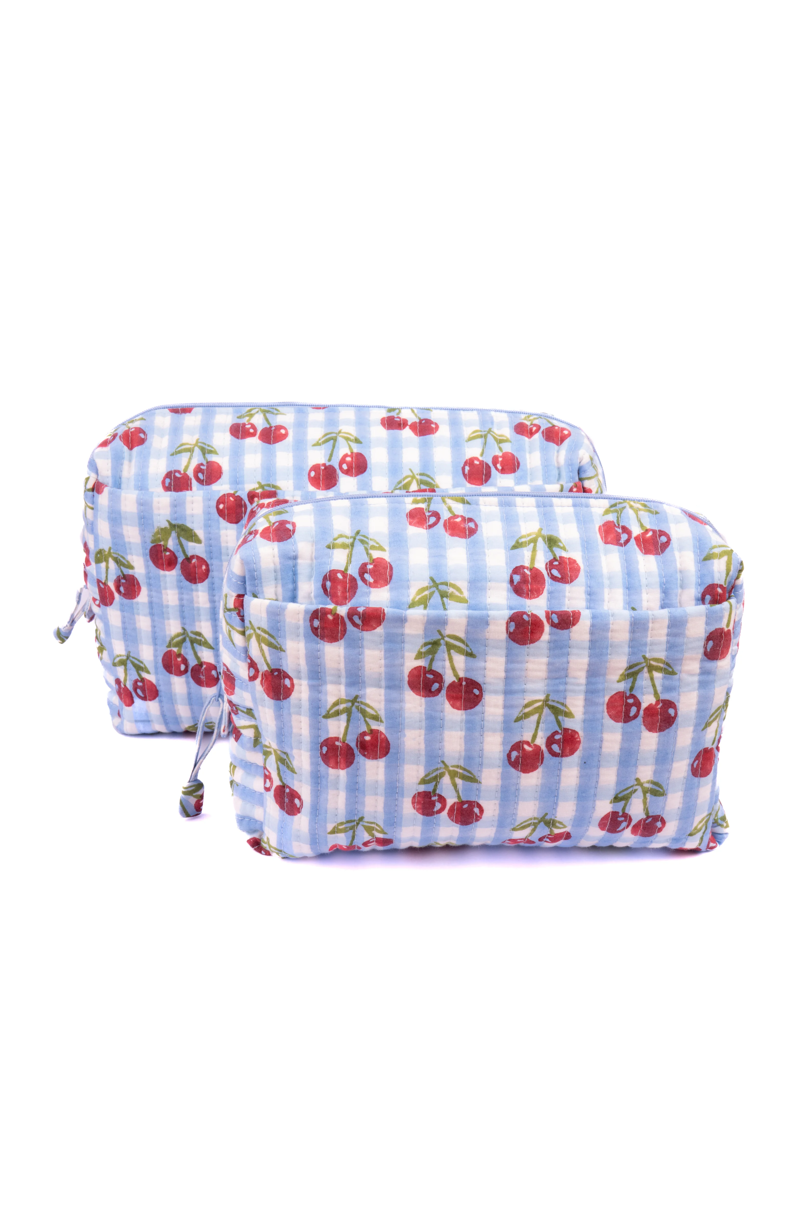 Cherry Makeup Bag in Blue Gingham Blockprint - Image 2