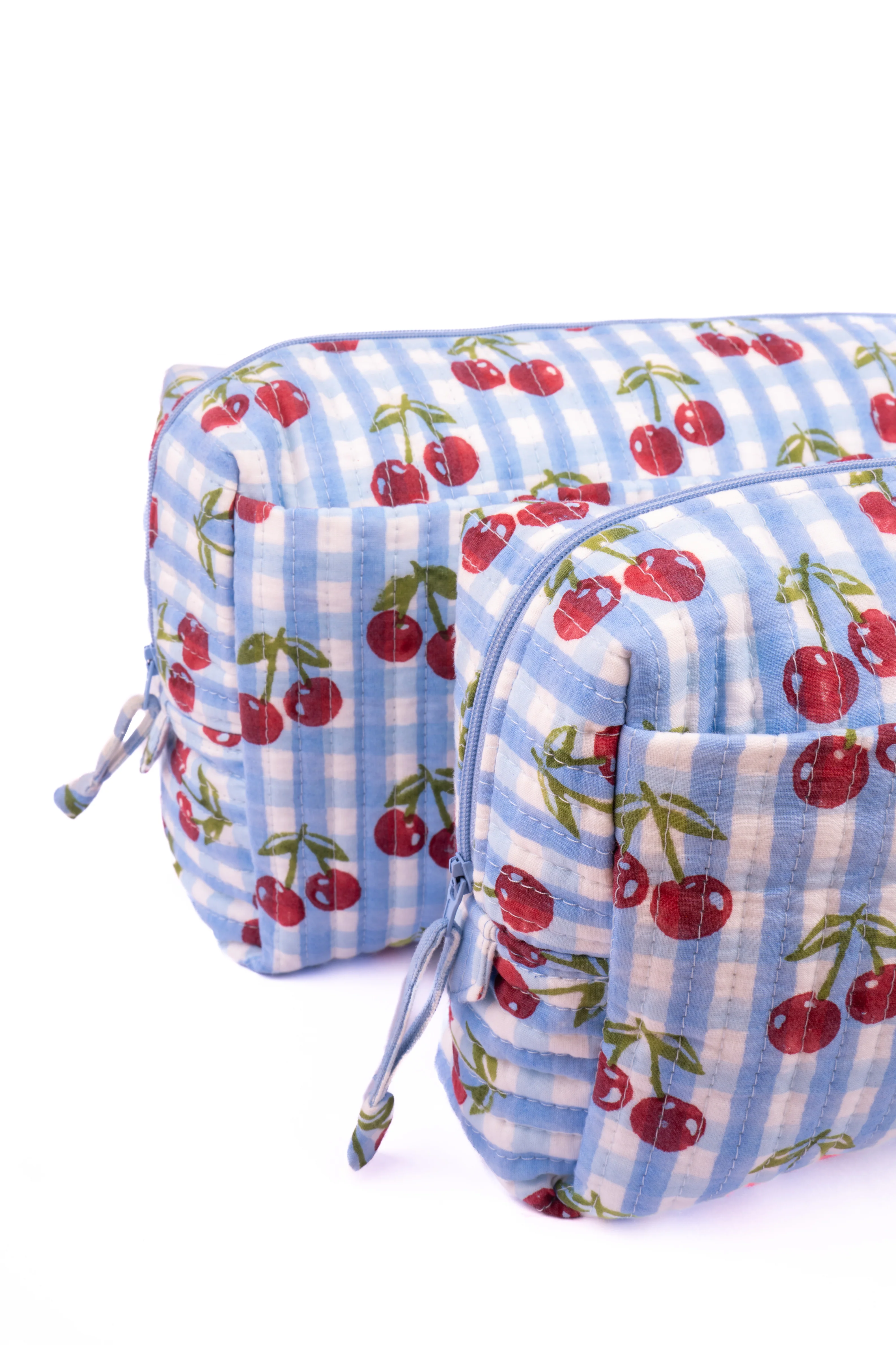 Cherry Makeup Bag in Blue Gingham Blockprint - Image 3