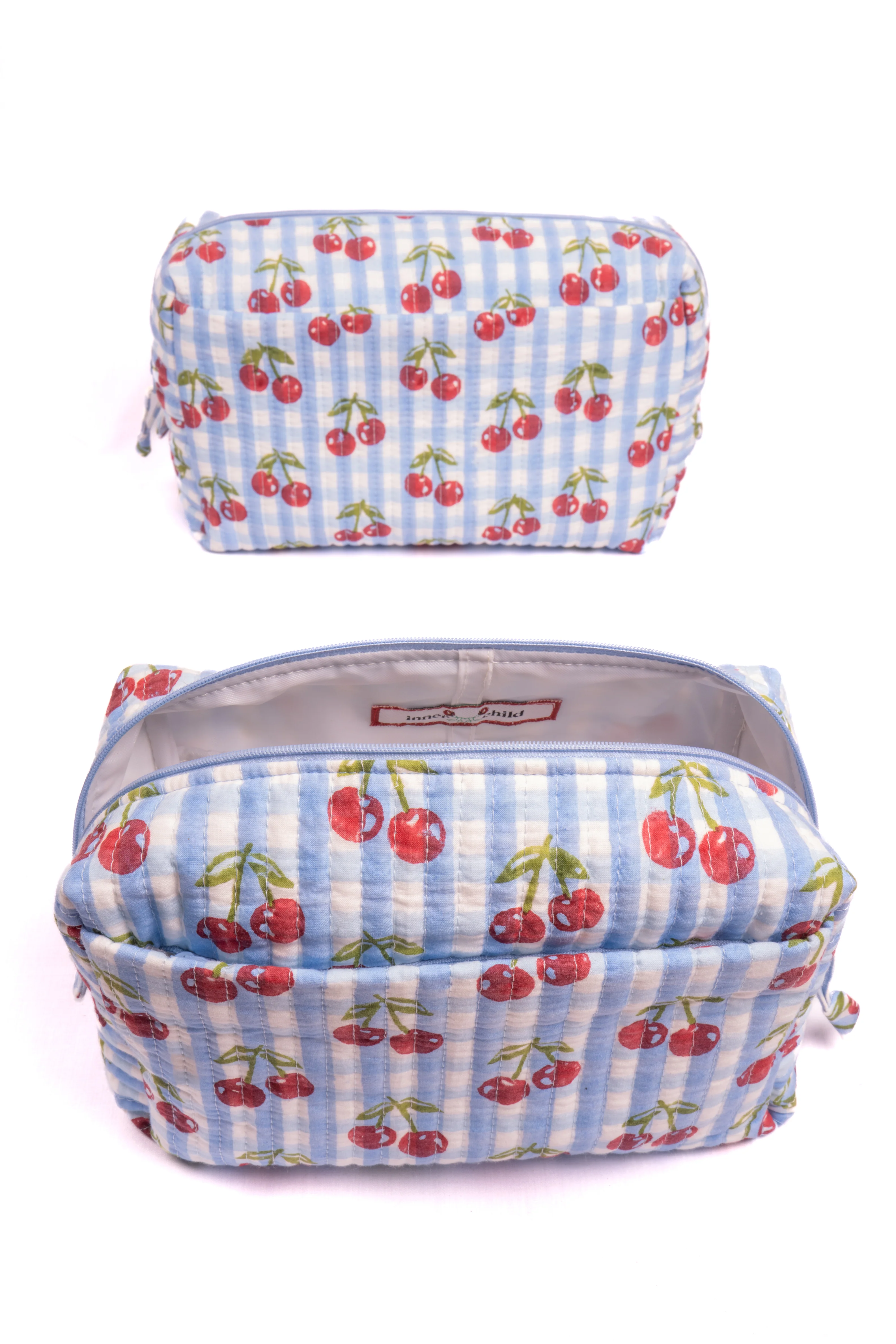 Cherry Makeup Bag in Blue Gingham Blockprint - Image 4