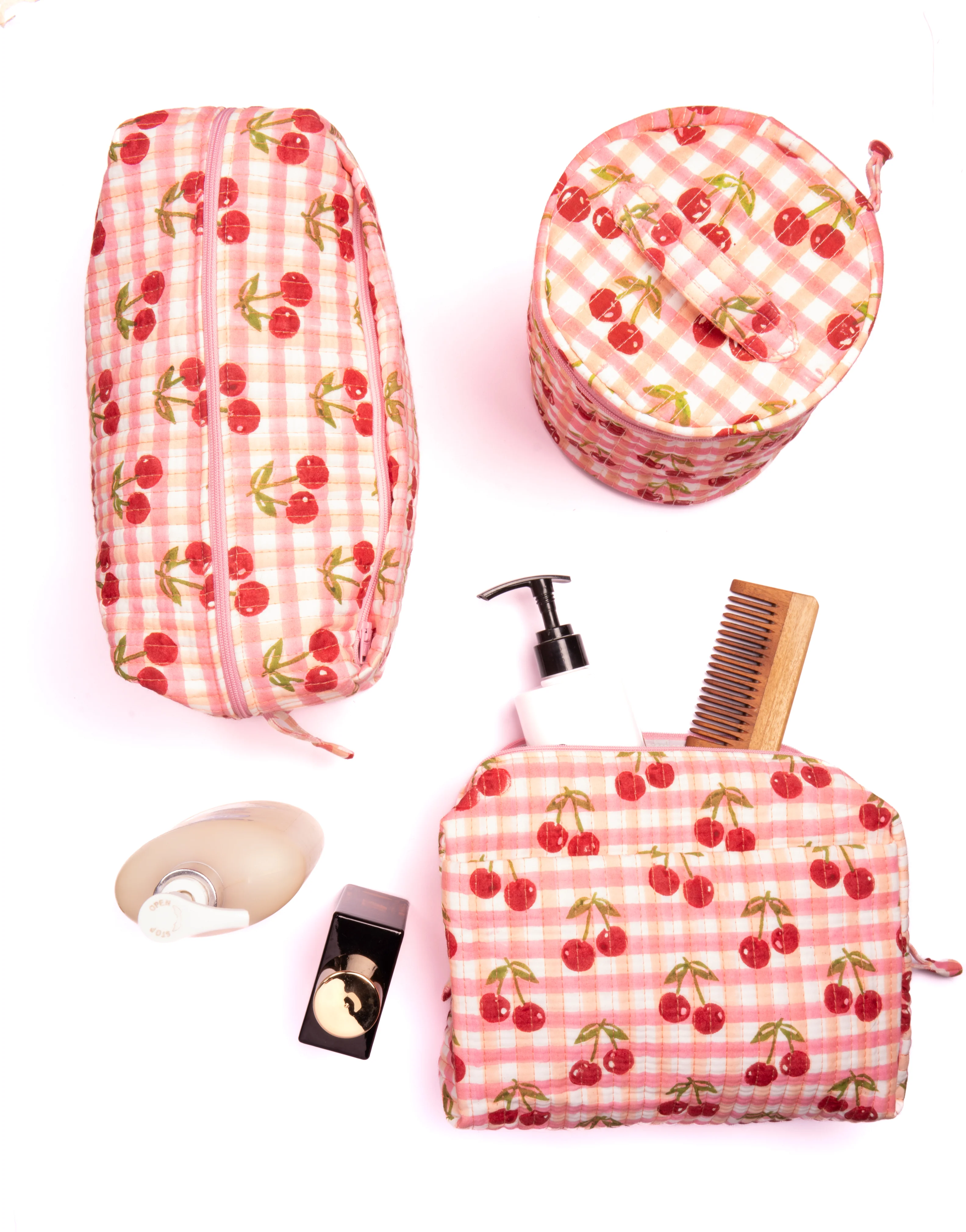 Cherry Round Upright Makeup Bag in Red Gingham Blockprint - Image 3