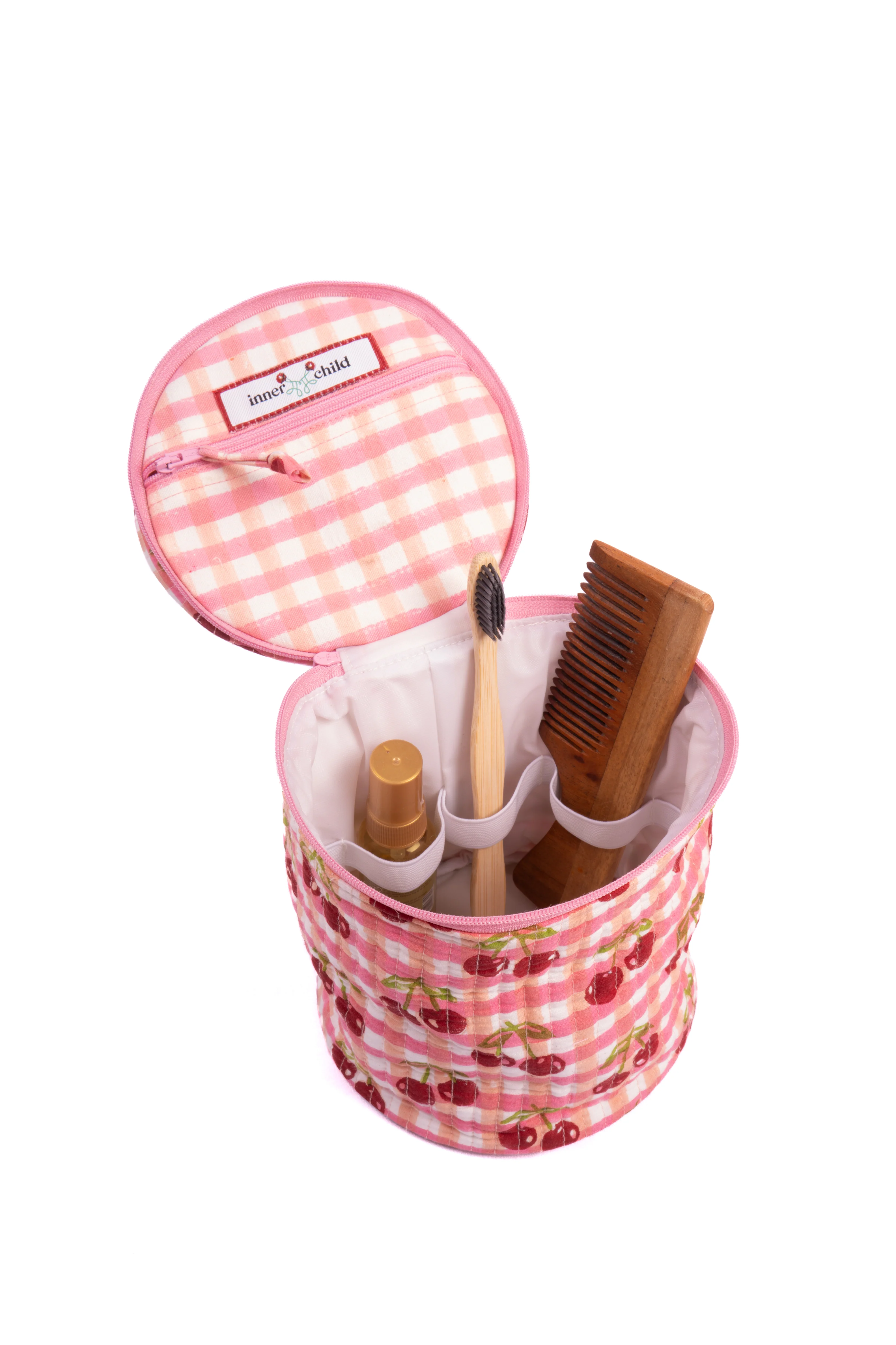 Cherry Round Upright Makeup Bag in Red Gingham Blockprint - Image 4