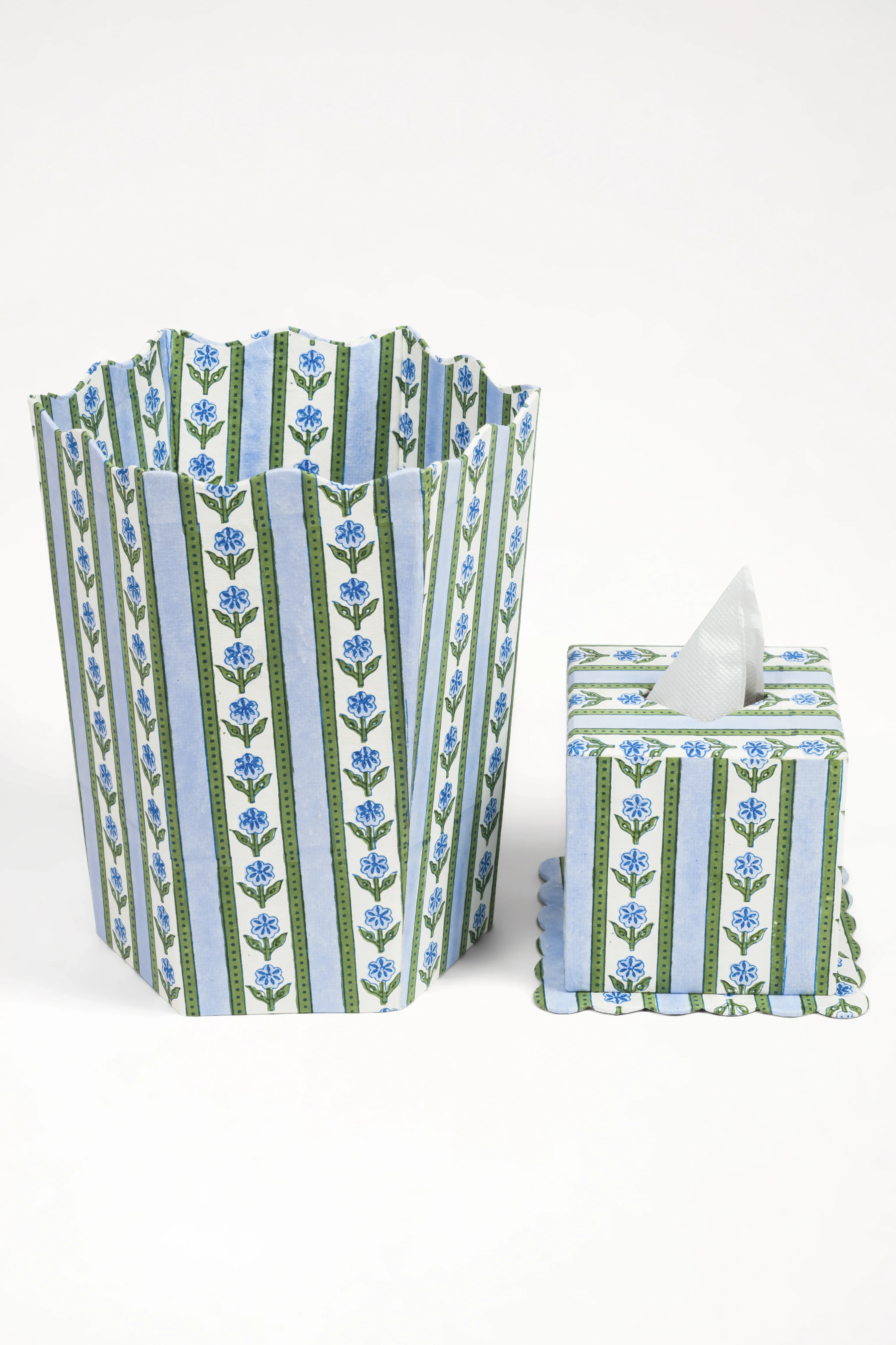 Cottage Garden Blockprint Scallop Waste Bin / Storage Bin in Blue - Image 3