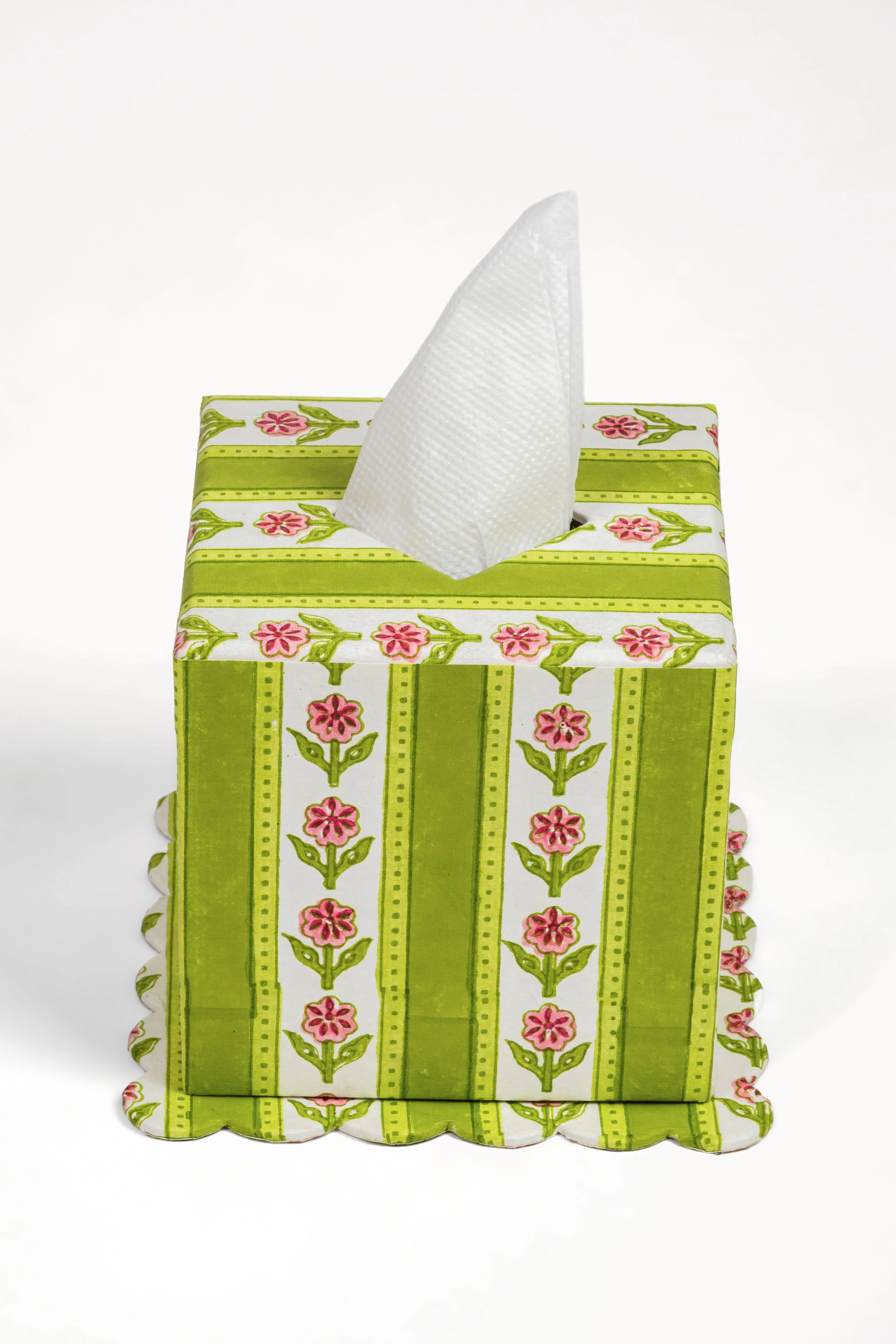 Cottage Garden Blockprint Scallop Tissue Box Cover in Green