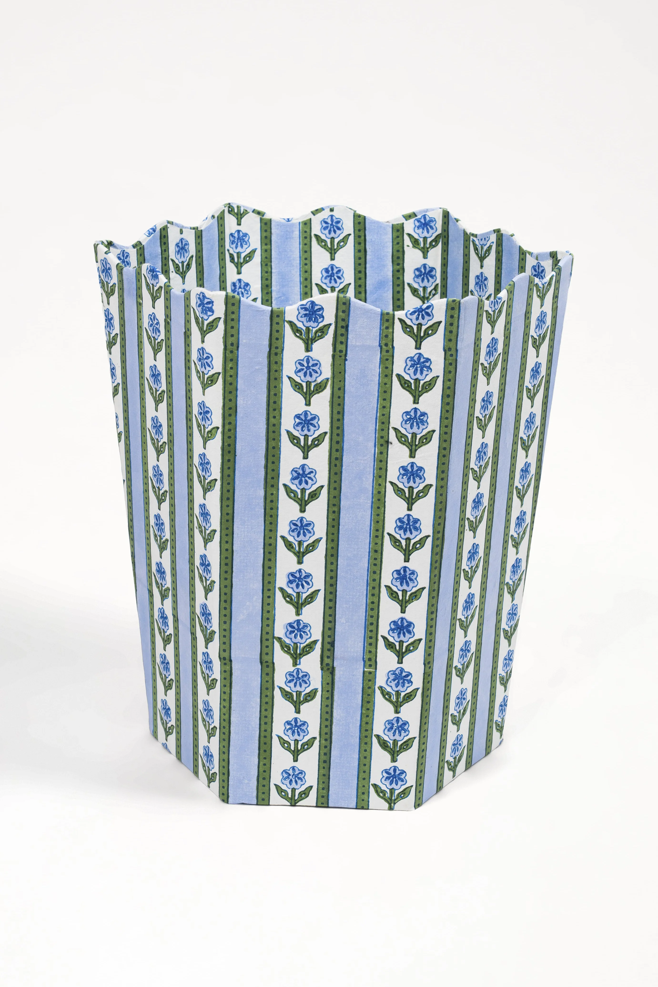 Cottage Garden Blockprint Scallop Waste Bin / Storage Bin in Blue