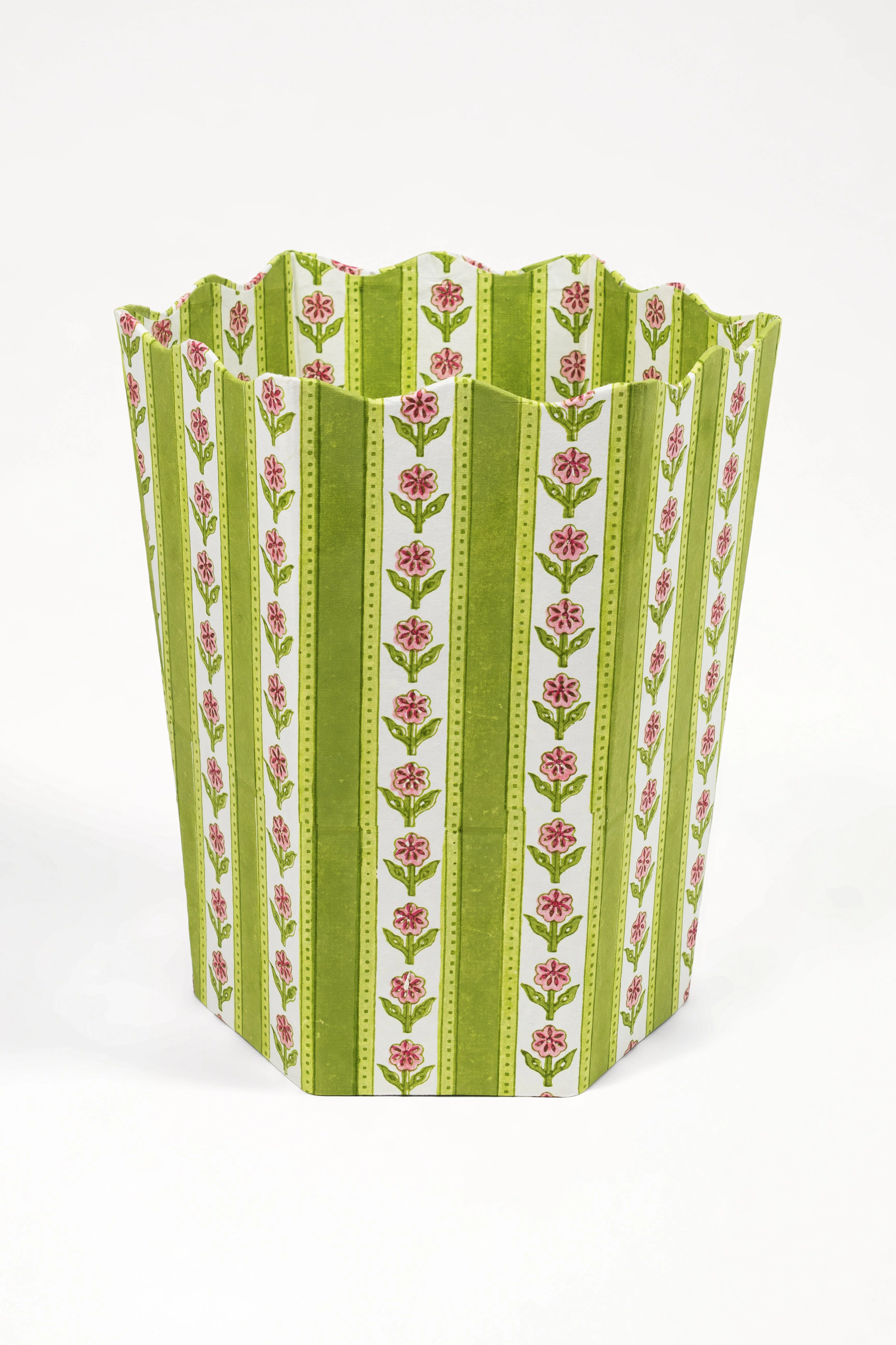 Cottage Garden Blockprint Scallop Waste Bin / Storage Bin in Green