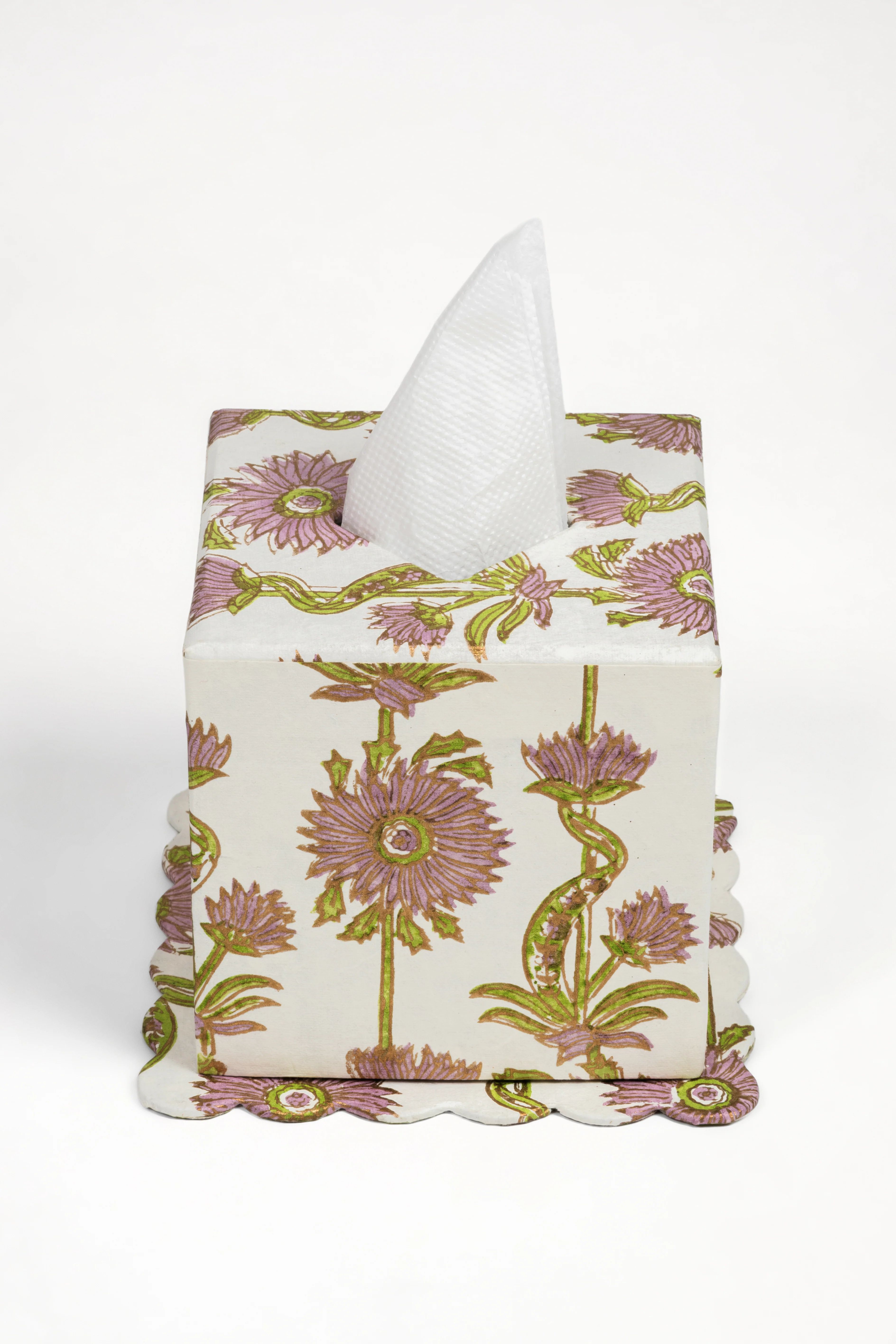 Floral Vines Blockprint Scallop Tissue Box Cover in Lilac Purple