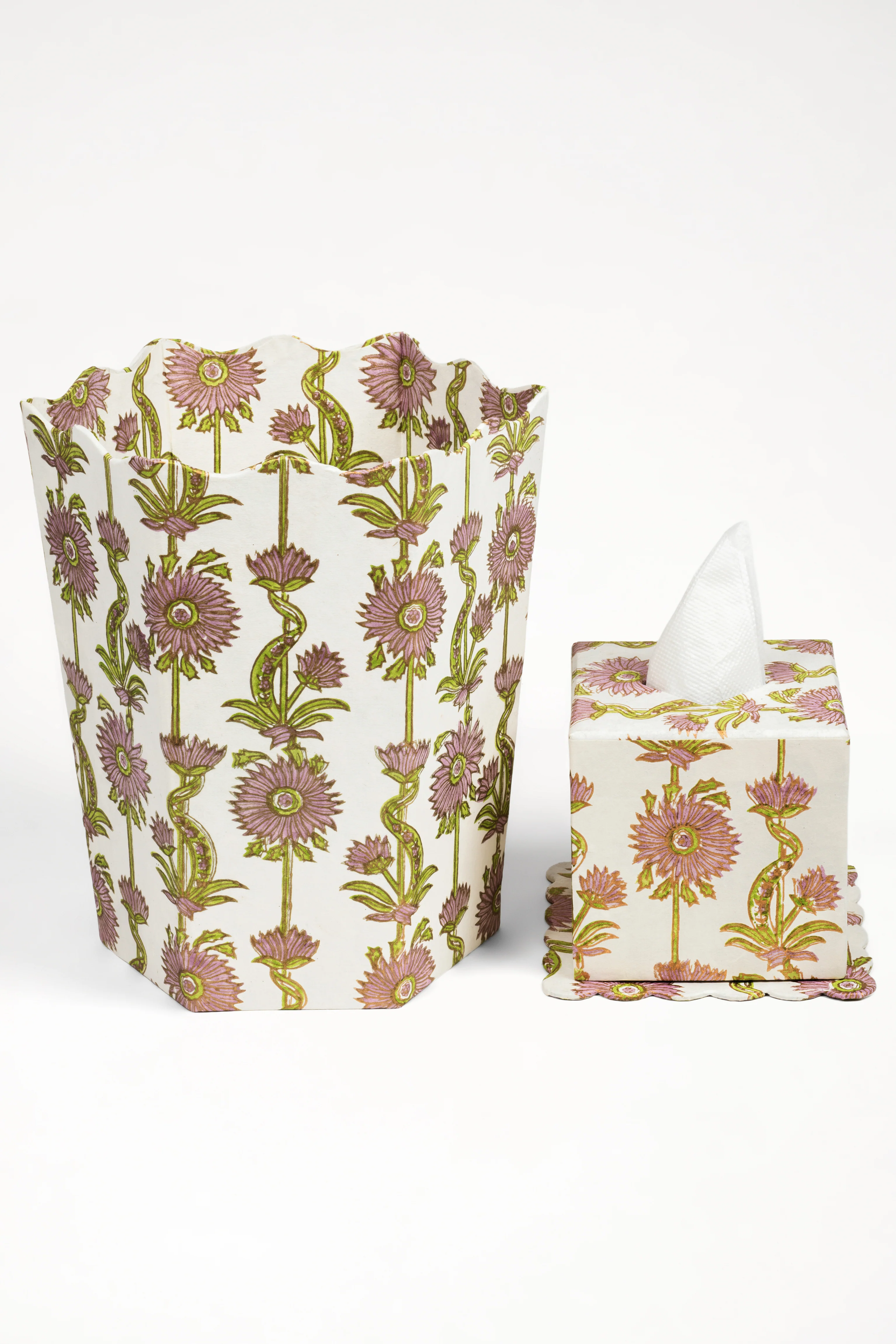 Floral Vines Blockprint Scallop Waste Bin / Storage Bin in Lilac Purple - Image 3