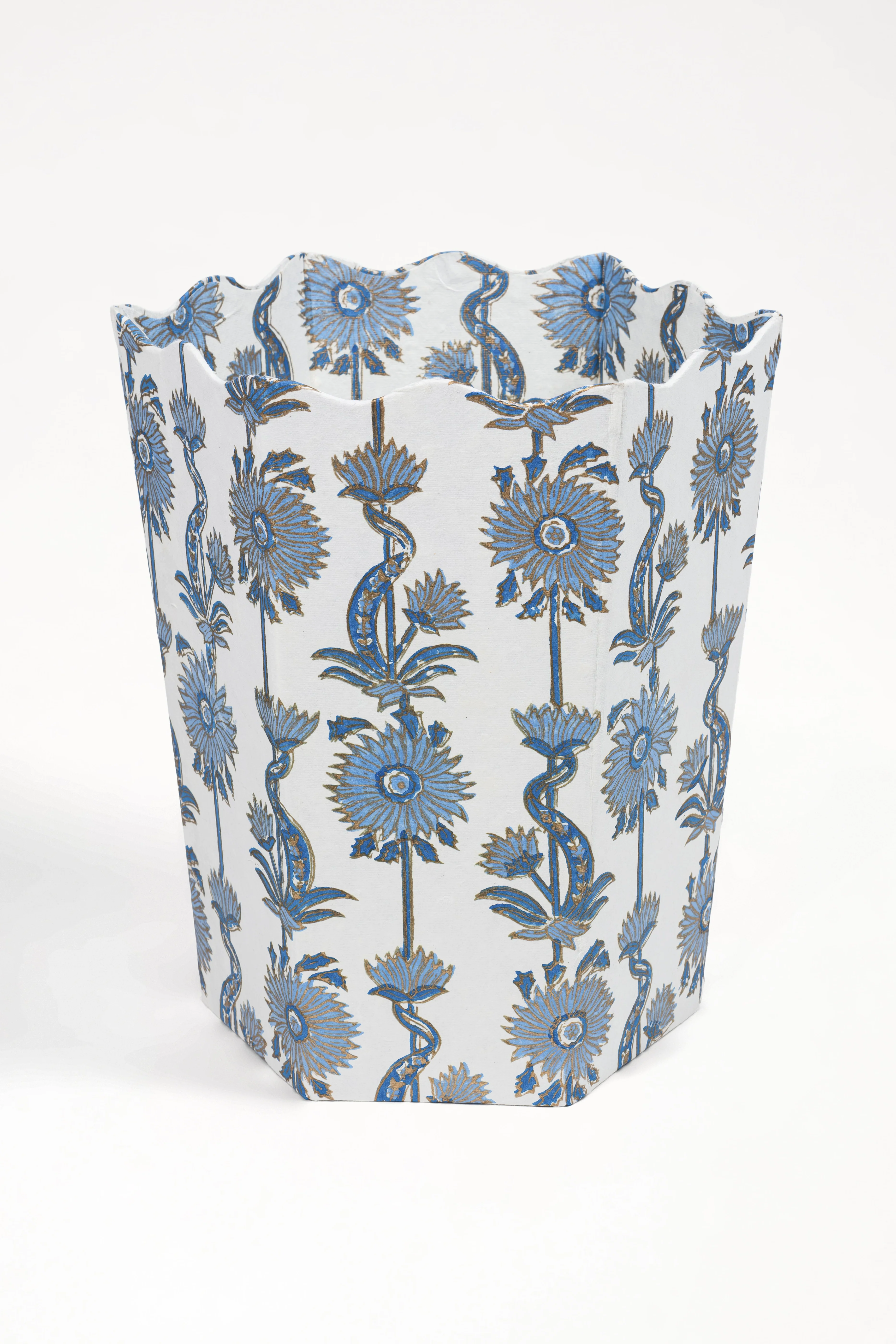 Floral Vines Blockprint Scallop Waste Bin / Storage Bin in Blue