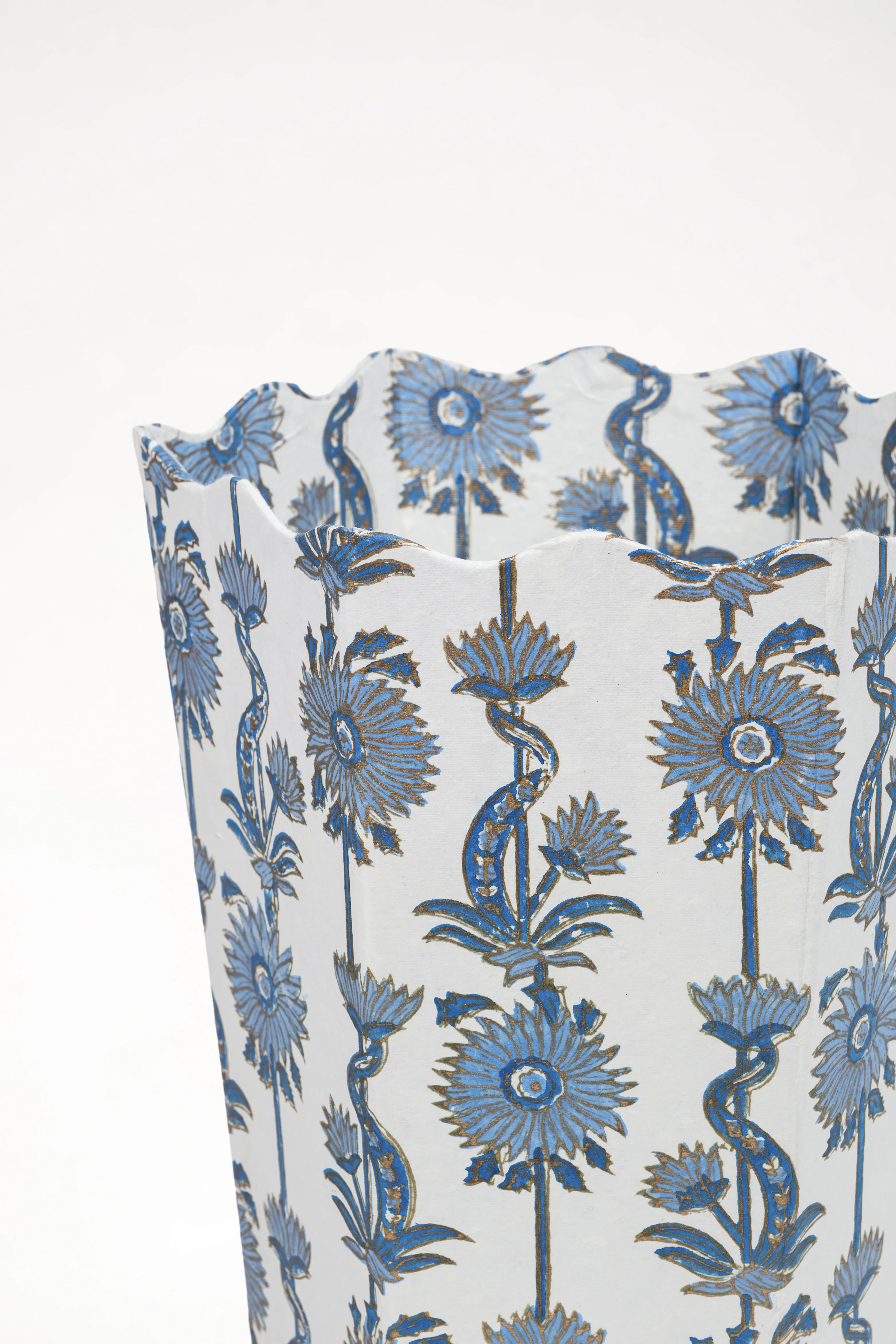 Floral Vines Blockprint Scallop Waste Bin / Storage Bin in Blue - Image 2