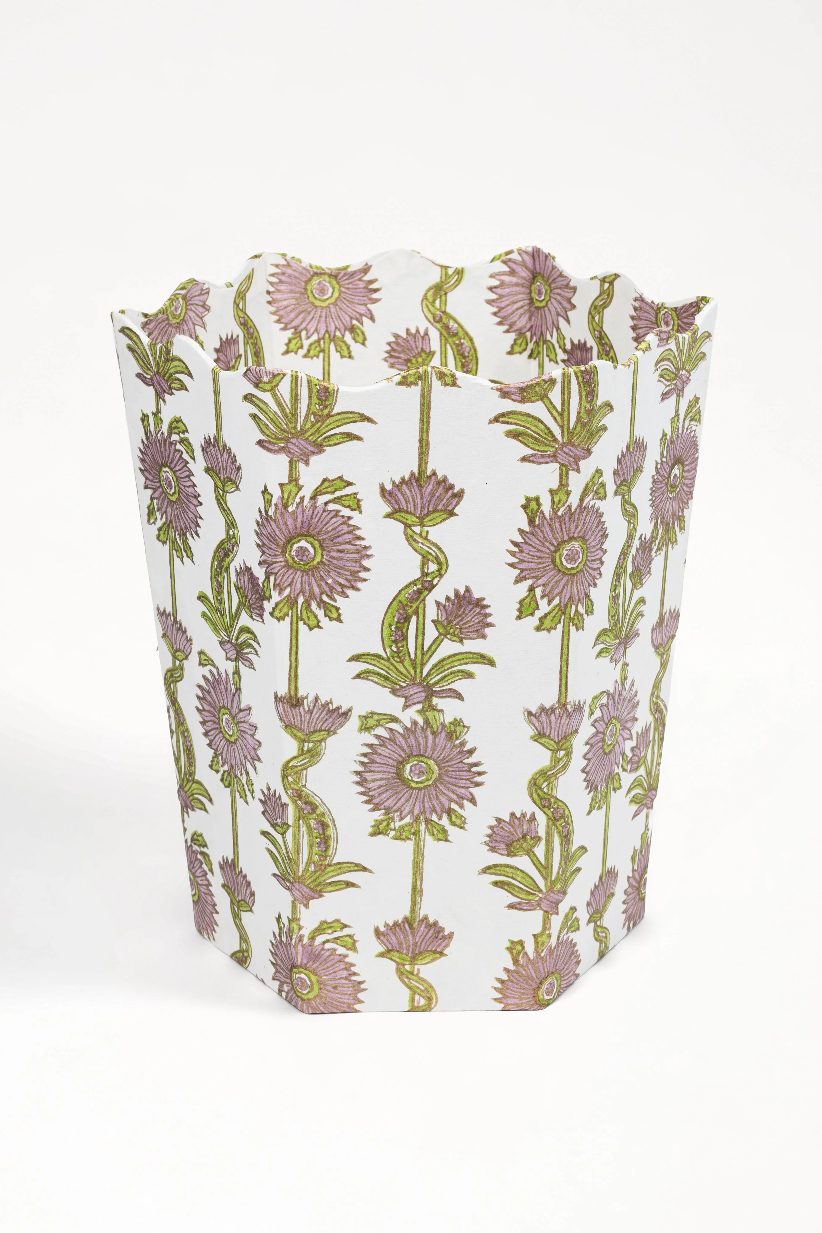 Floral Vines Blockprint Scallop Waste Bin / Storage Bin in Lilac Purple