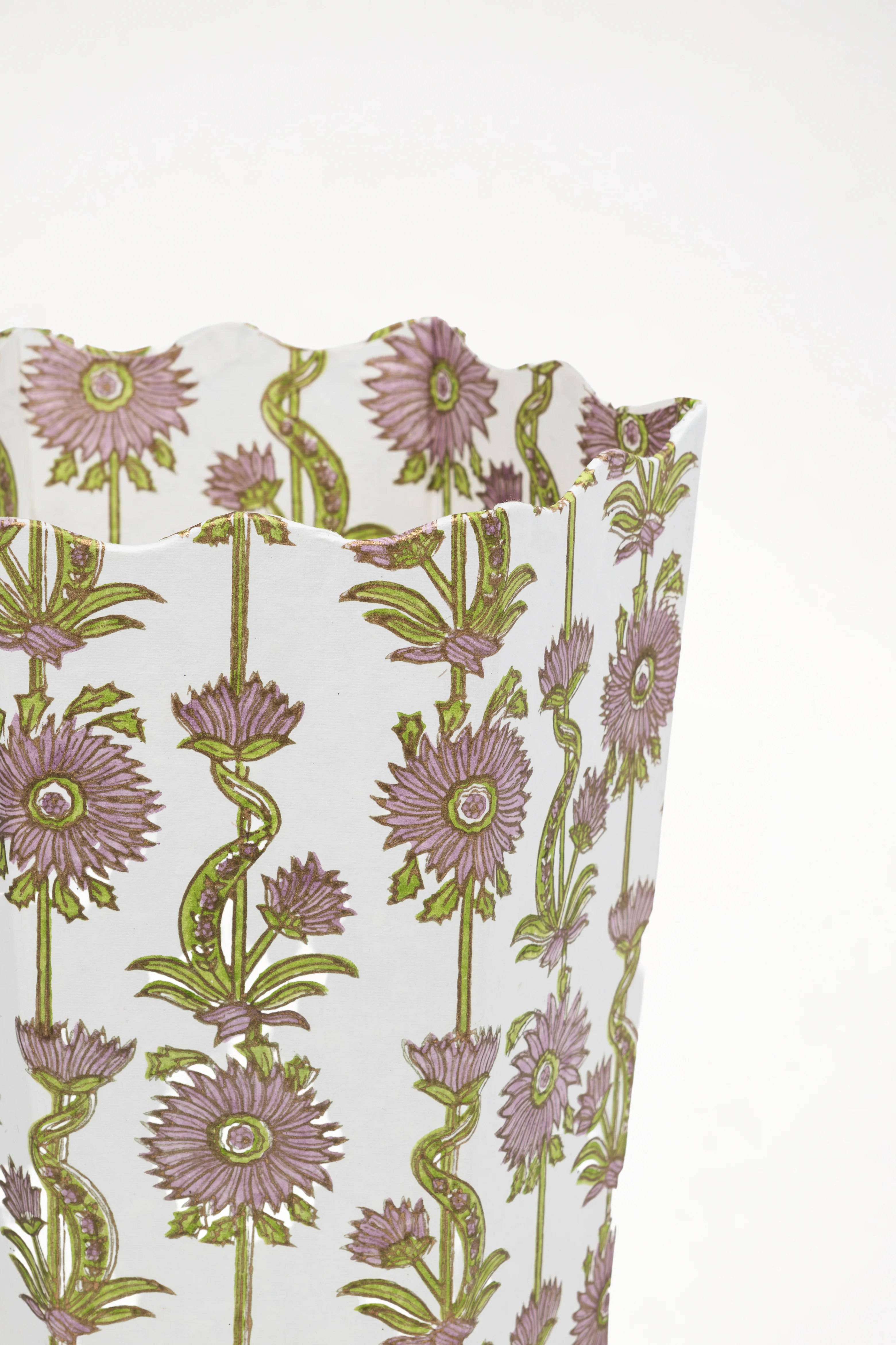 Floral Vines Blockprint Scallop Waste Bin / Storage Bin in Lilac Purple - Image 2