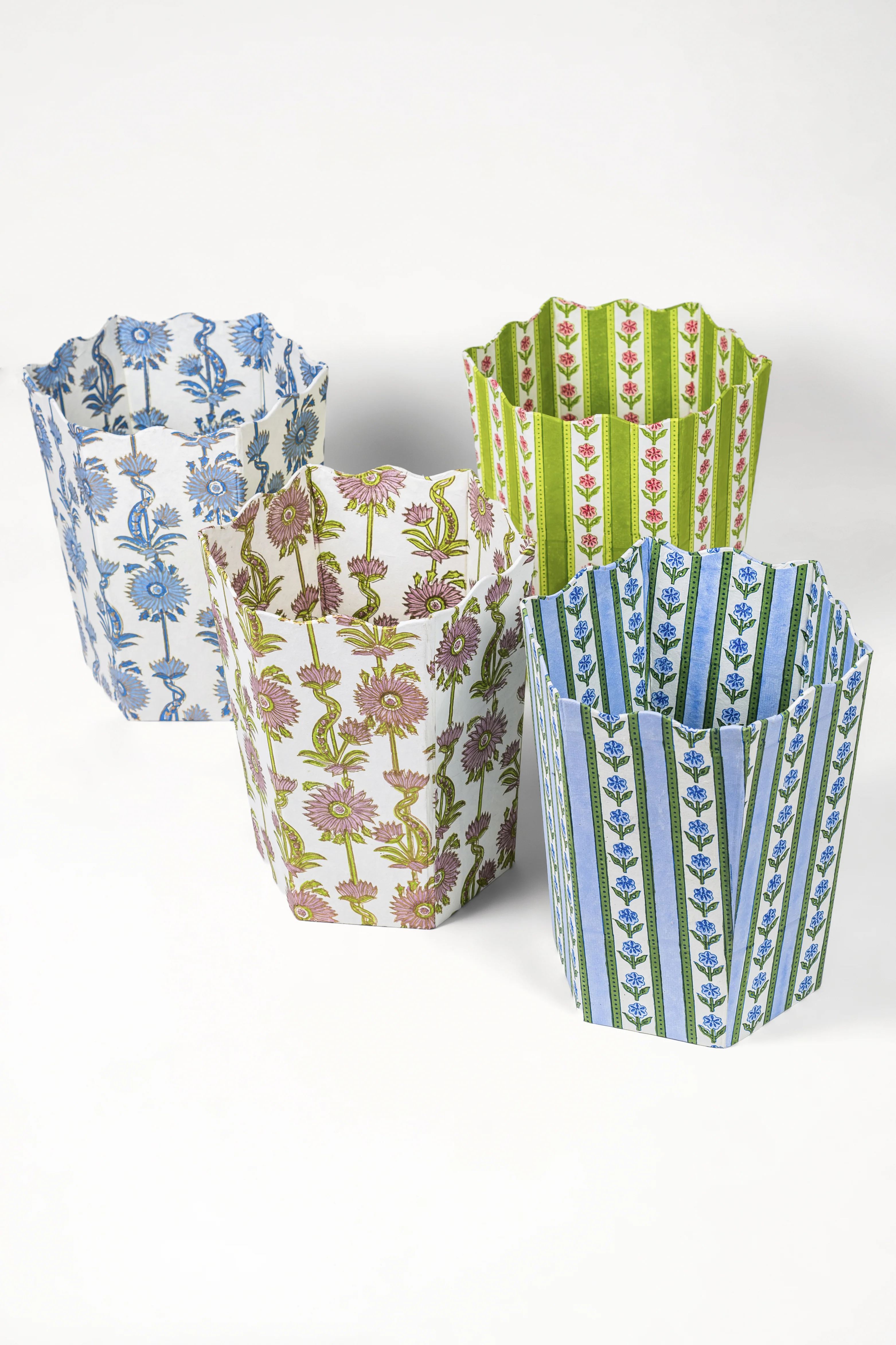 Cottage Garden Blockprint Scallop Waste Bin / Storage Bin in Blue - Image 4