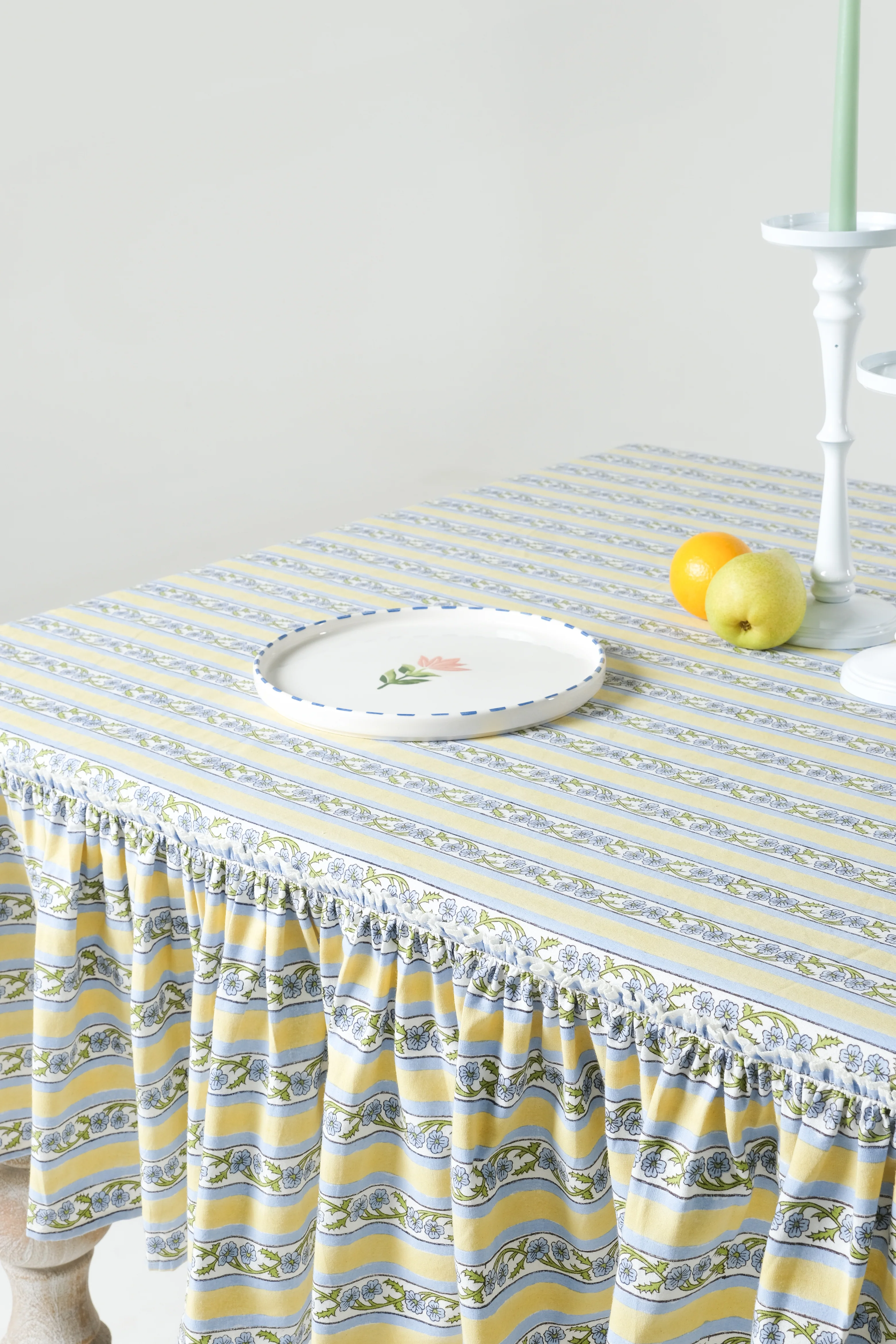 Provence Ruffled Blockprint Tablecloth in Butter Yellow - Image 3