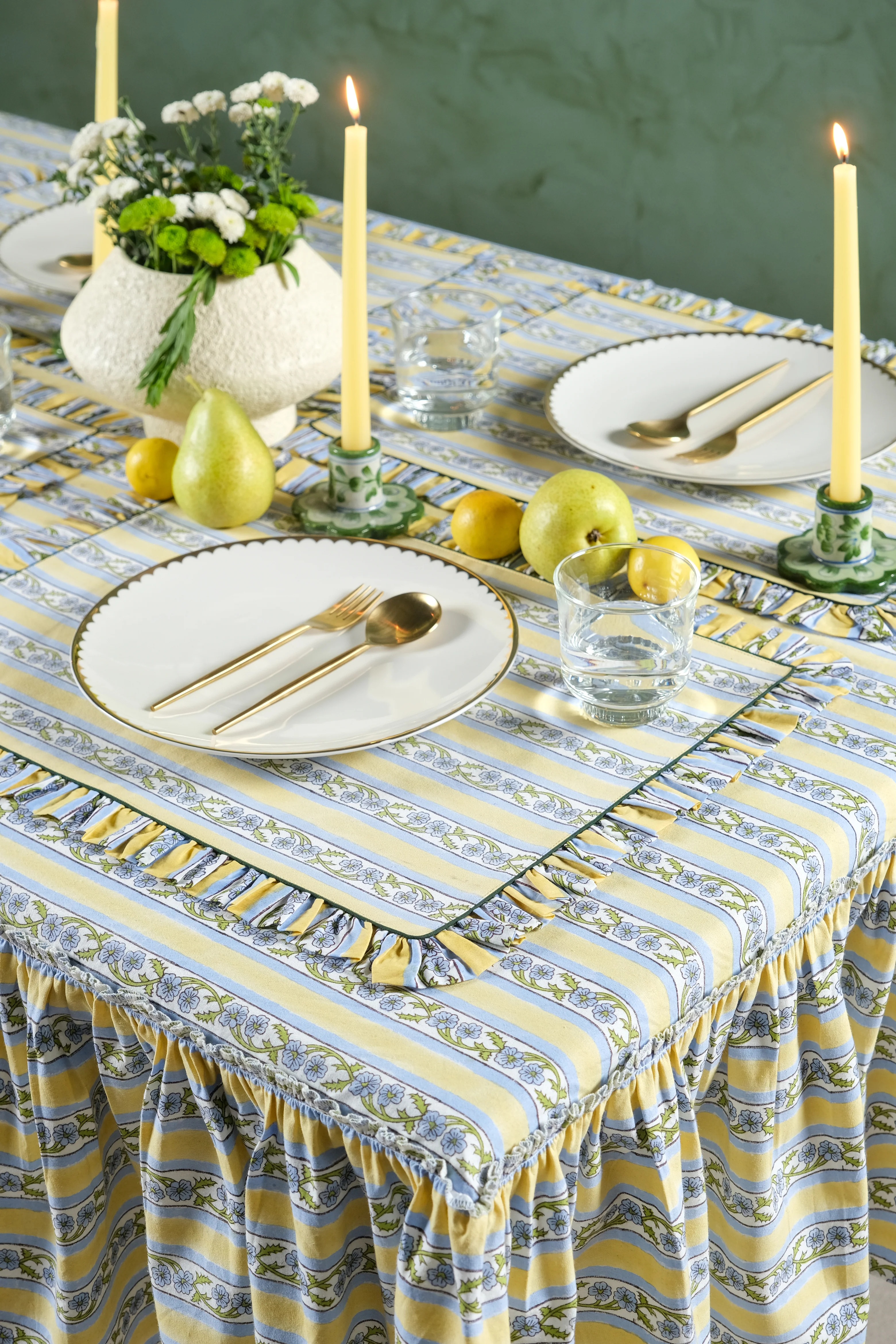 Provence Ruffled Blockprint Tablecloth in Butter Yellow - Image 4