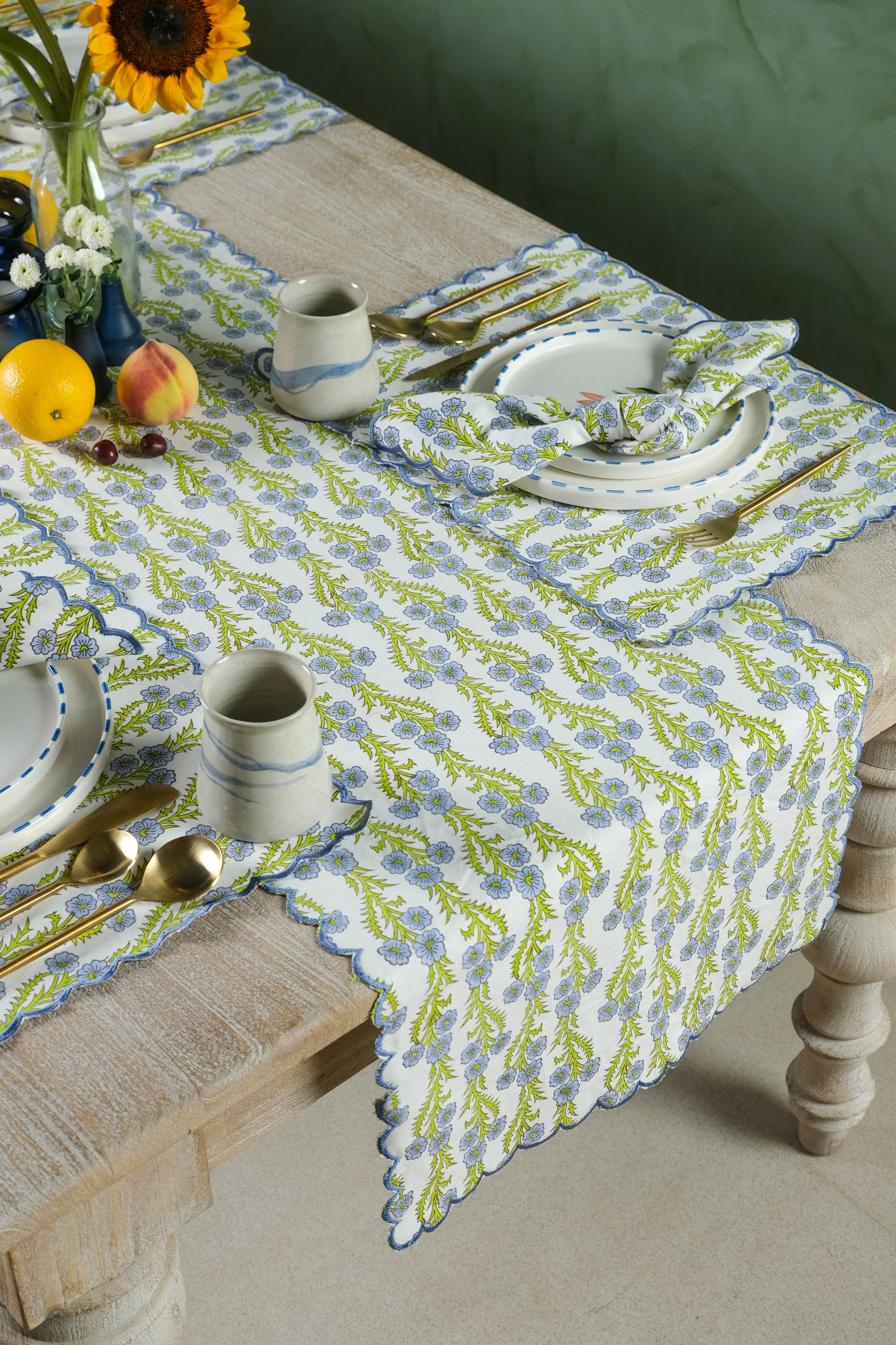 Forget-Me-Not Scallop Embroidered Blockprint Tablerunner - Image 2