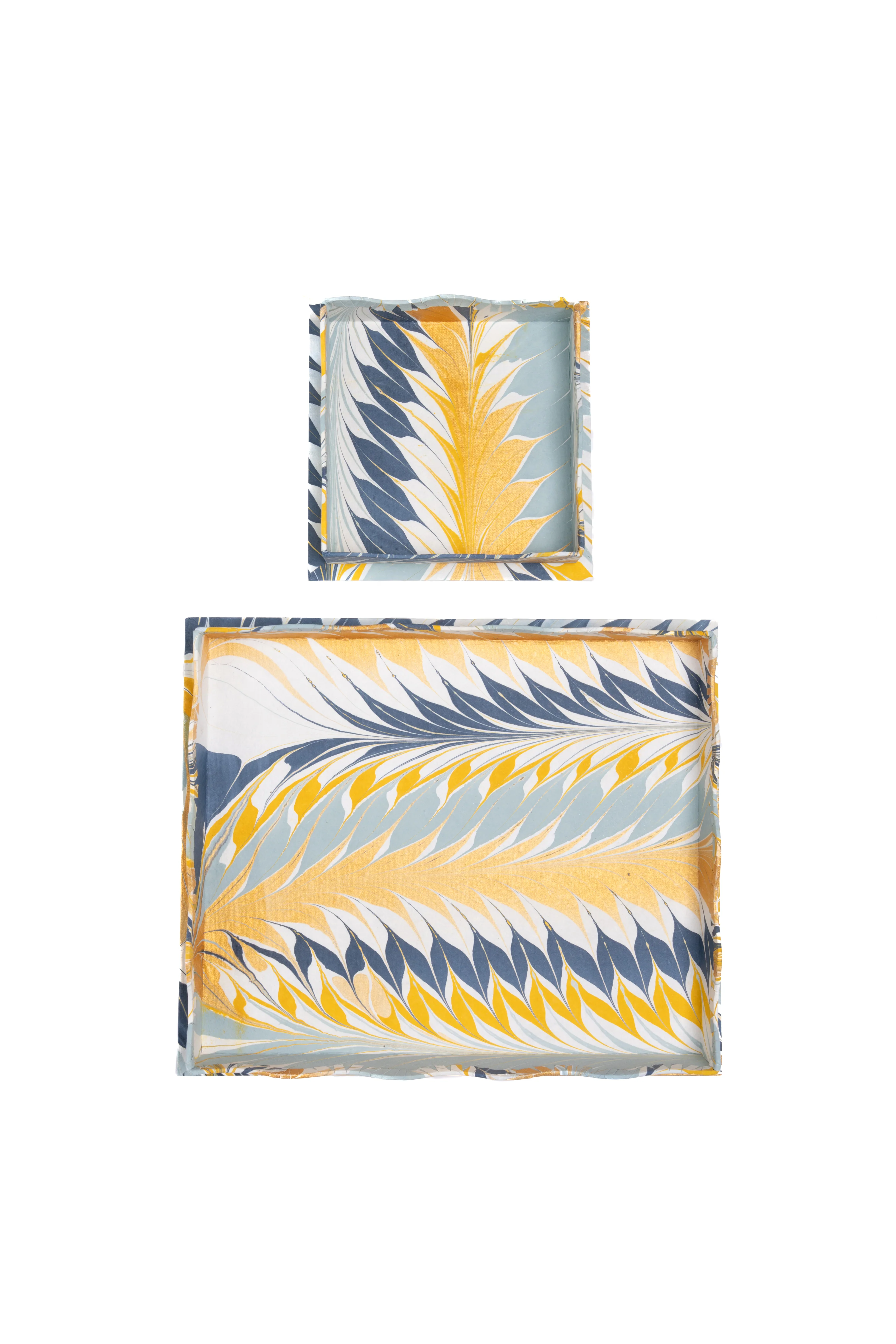 Nesting Scalloped Hand-Marbled Trays in Golden Blue - Image 3