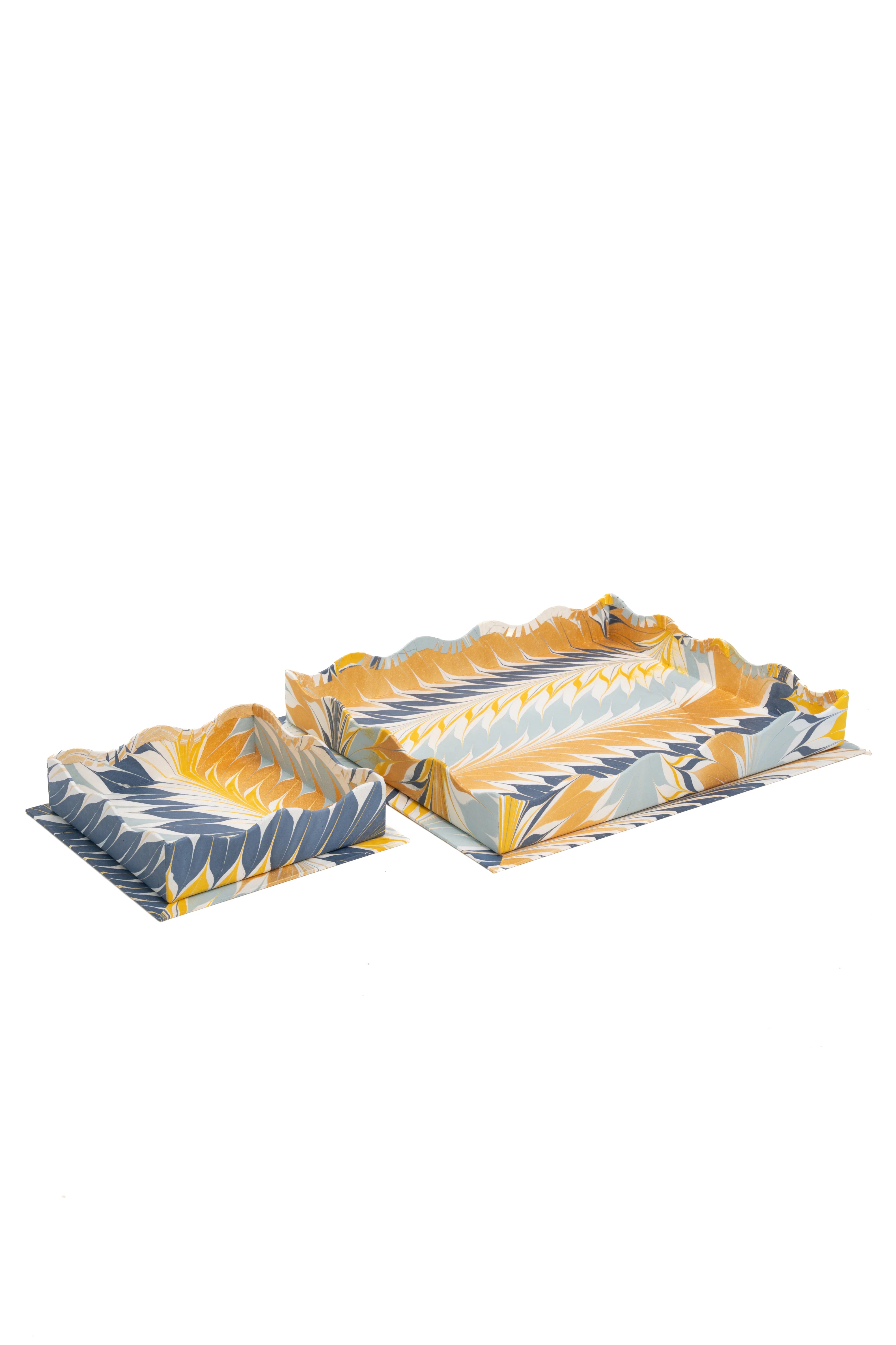 Nesting Scalloped Hand-Marbled Trays in Golden Blue - Image 4