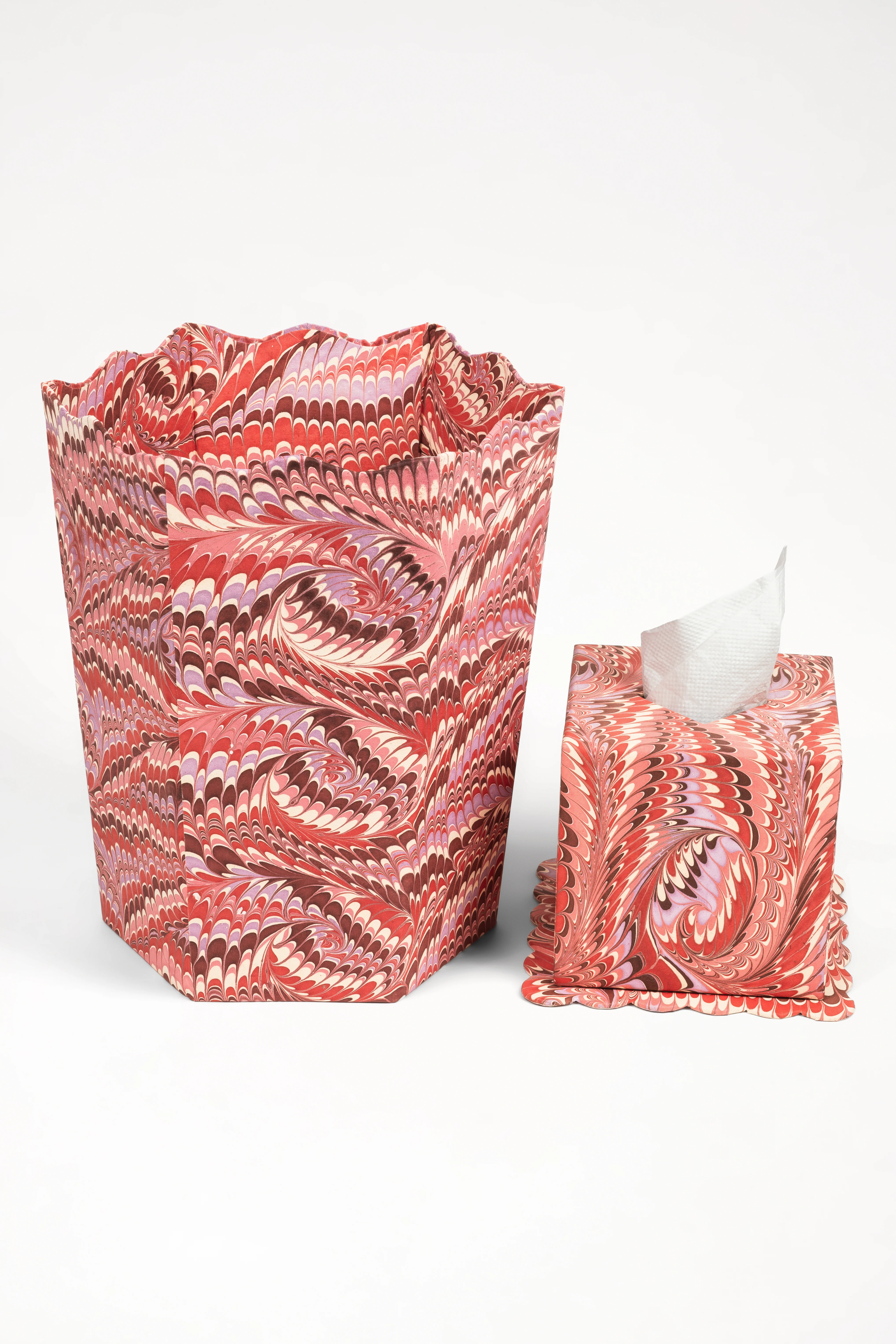 Hand-Marbled Scallop Waste Bin / Storage Bin in Florentine Pink - Image 3