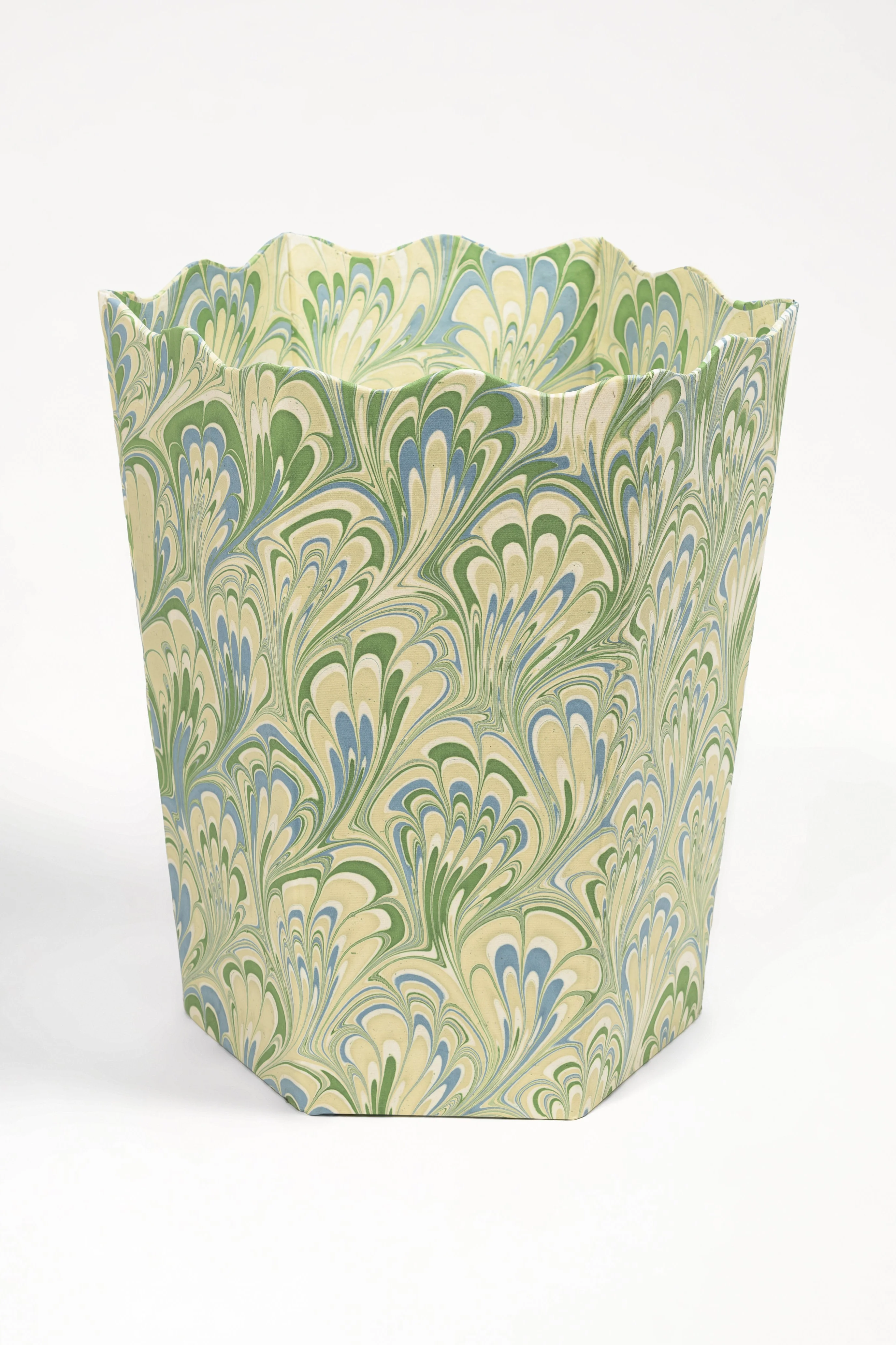 Hand-Marbled Scallop Waste Bin / Storage Bin in Seaglass Peacock