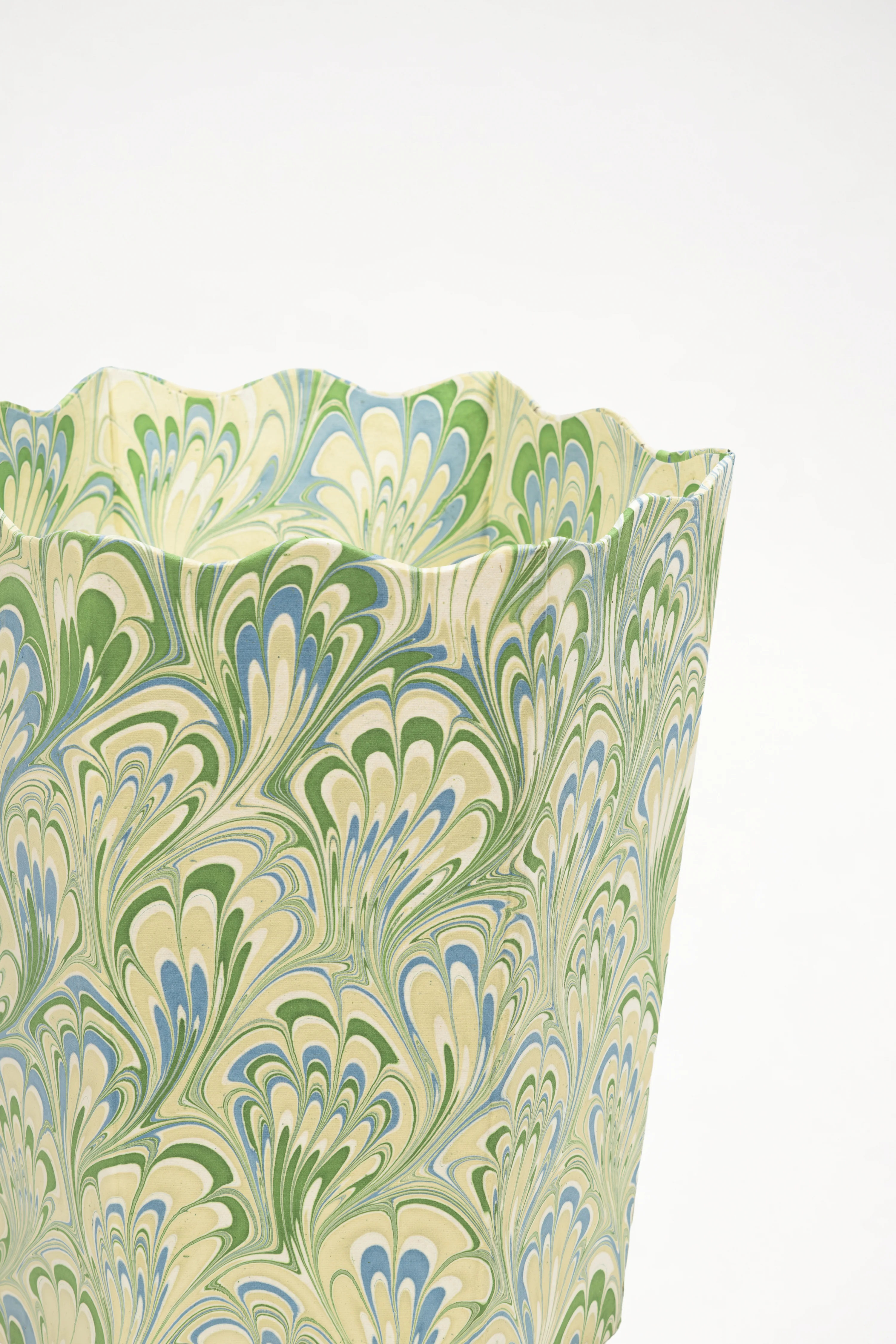 Hand-Marbled Scallop Waste Bin / Storage Bin in Seaglass Peacock - Image 2