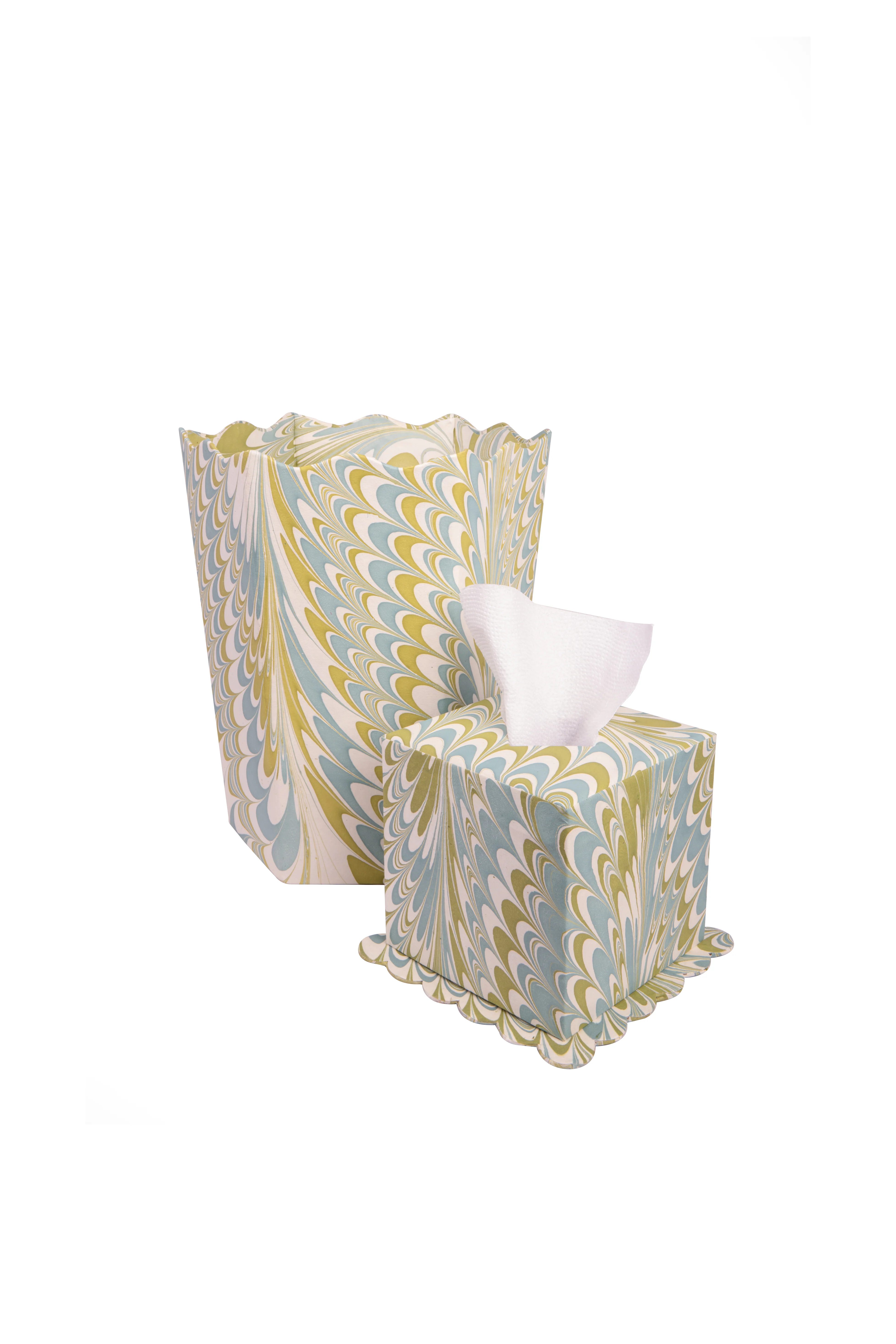 Hand-Marbled Scallop Tissue Box Cover in Robin Blue - Image 2