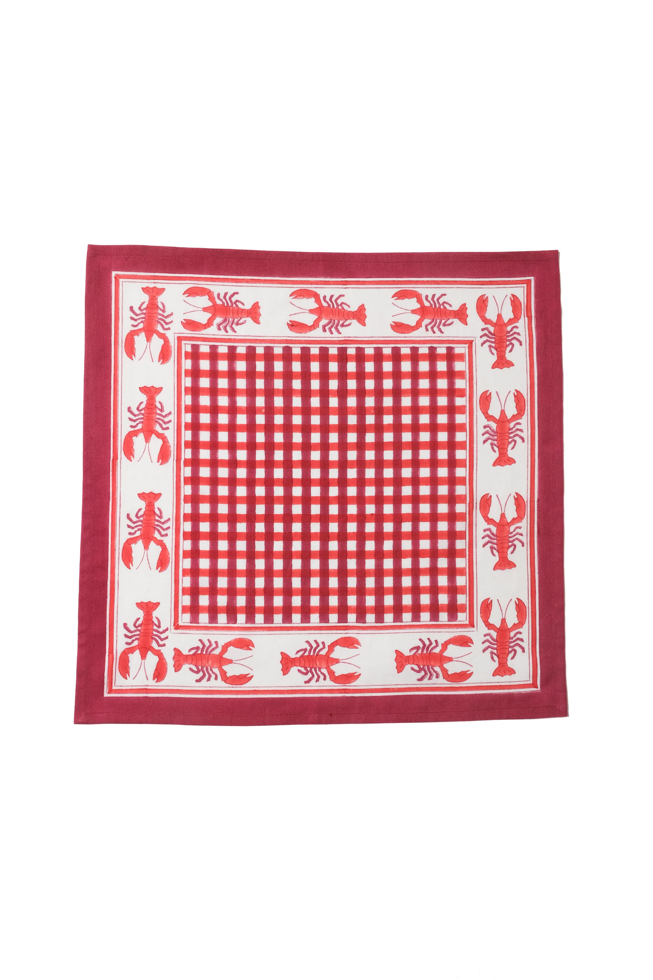 Lobster Red Gingham Blockprint Napkins, Set of 4