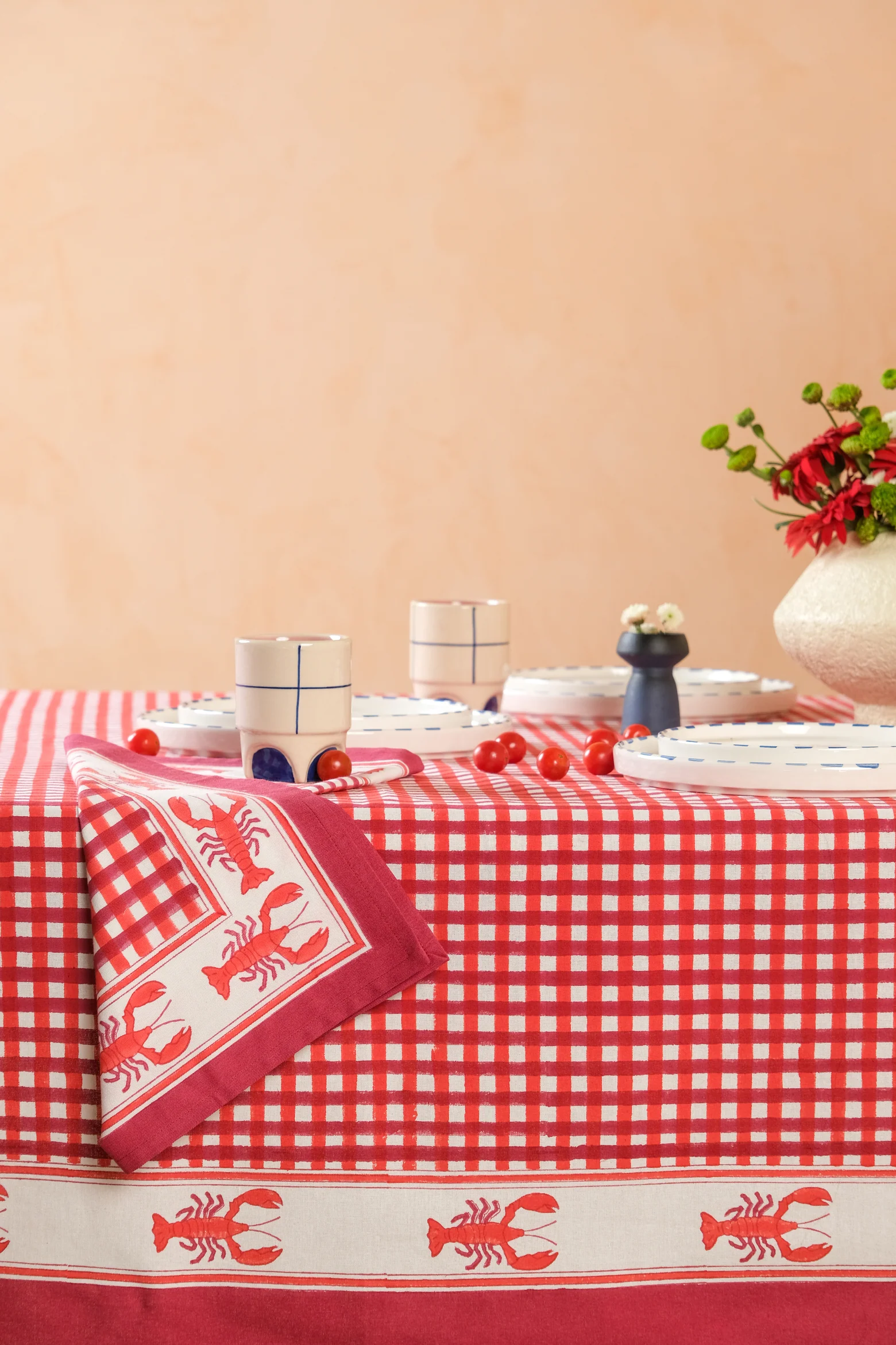 Lobster Red Gingham Blockprint Napkins, Set of 4 - Image 4