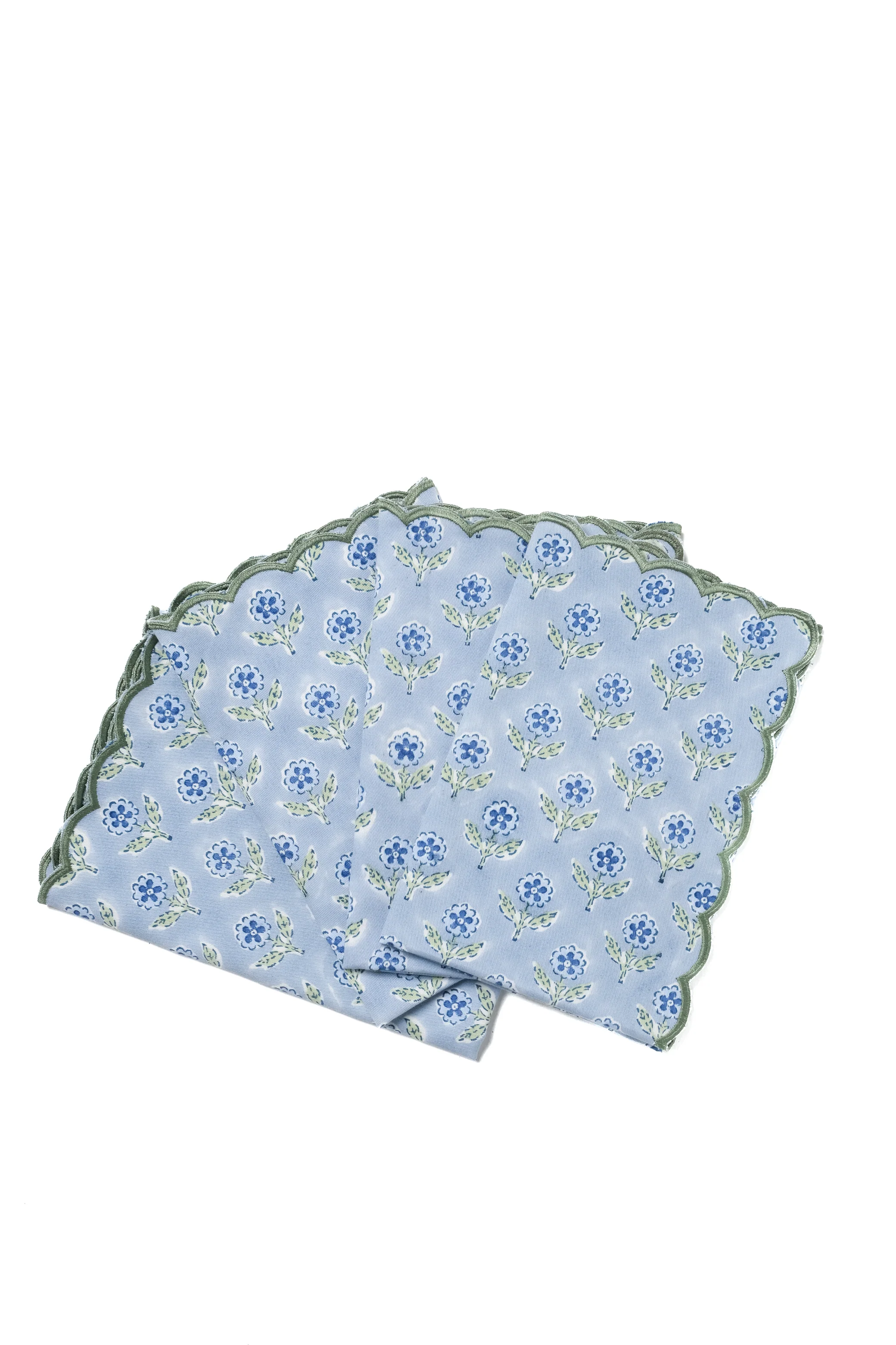 Mona Scallop Embroidered Blockprint Napkins in Blue, Set of 4 - Image 2