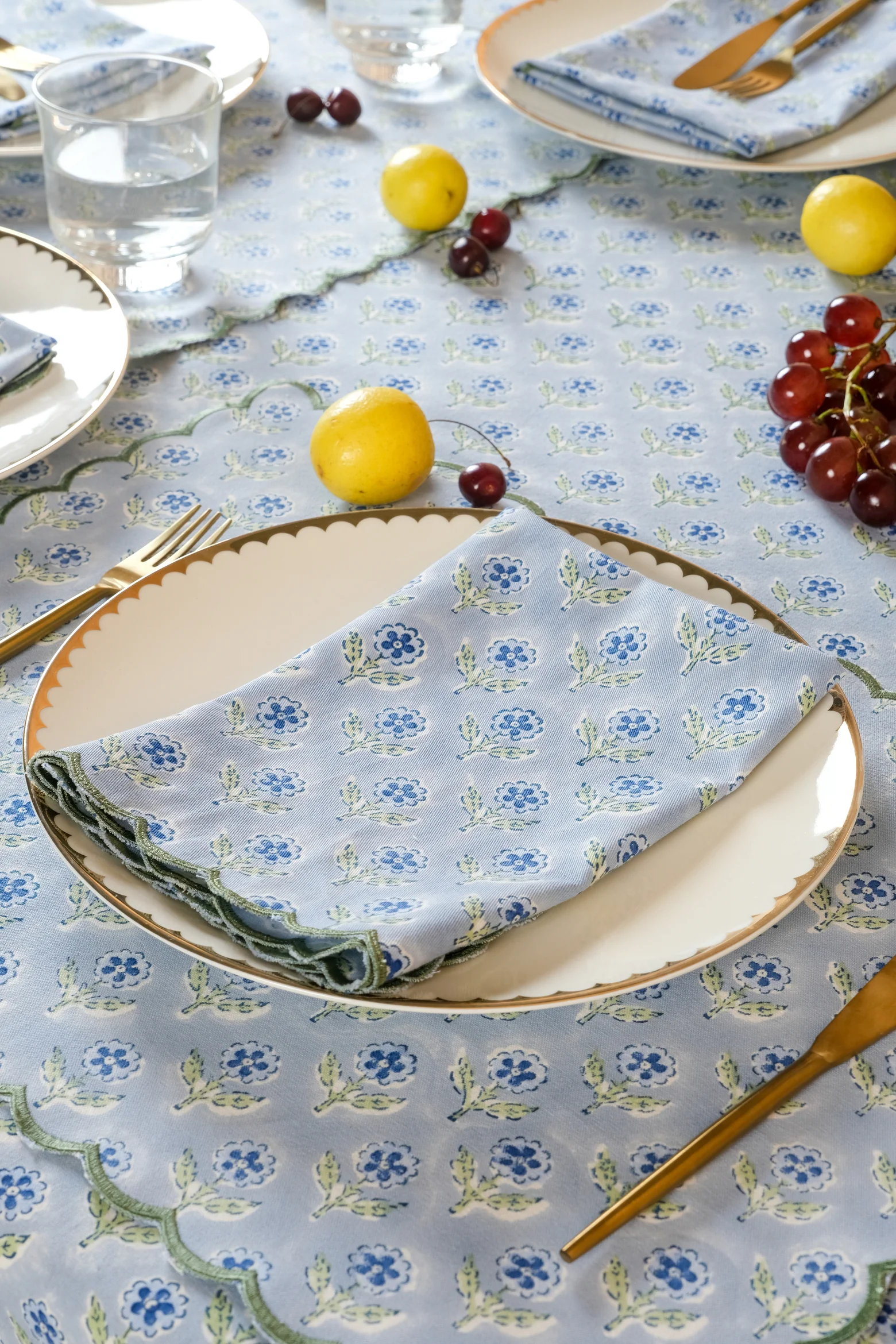 Mona Scallop Embroidered Blockprint Napkins in Blue, Set of 4 - Image 3