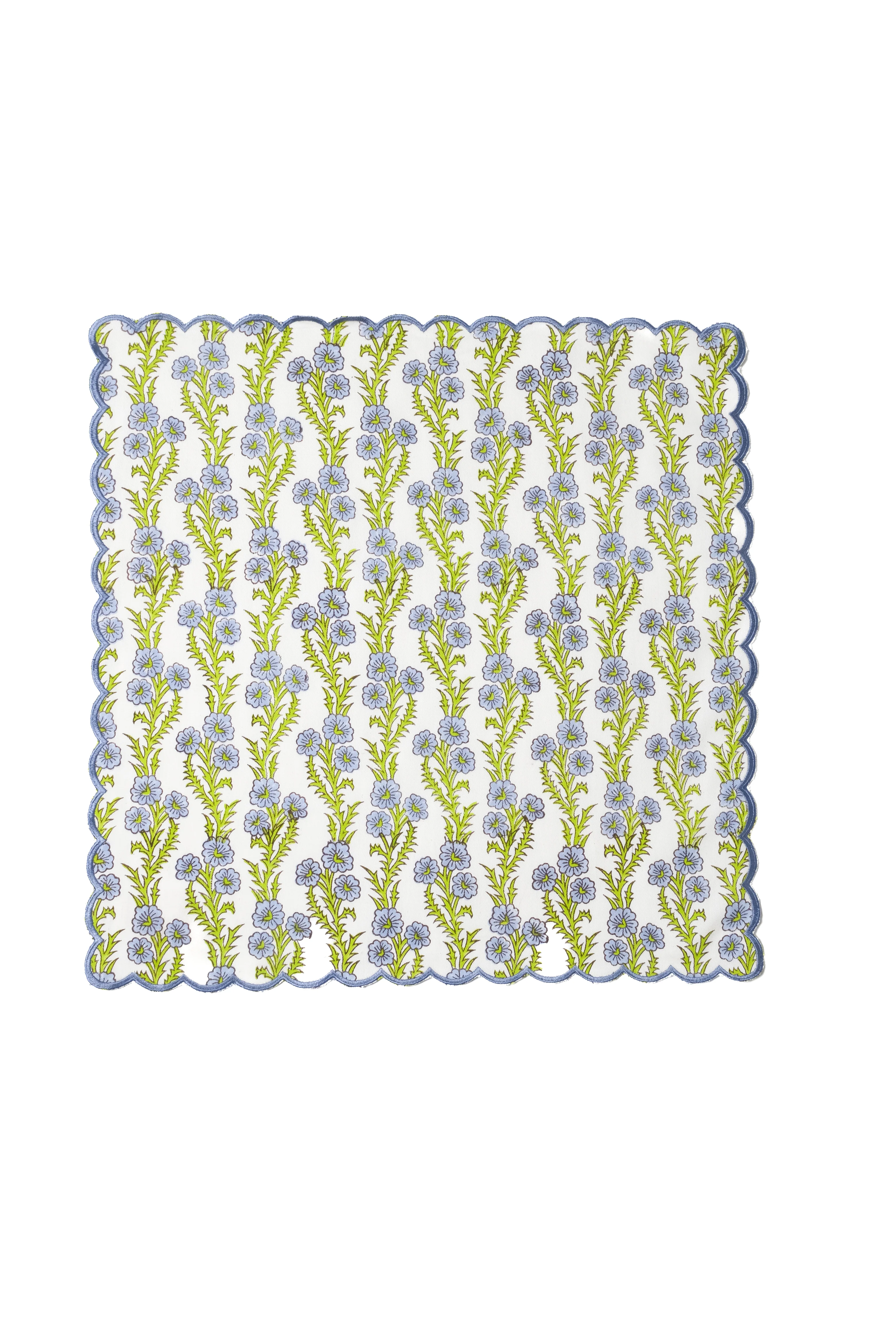 Forget-Me-Not Scallop Embroidered Blockprint Napkins, Set of 4