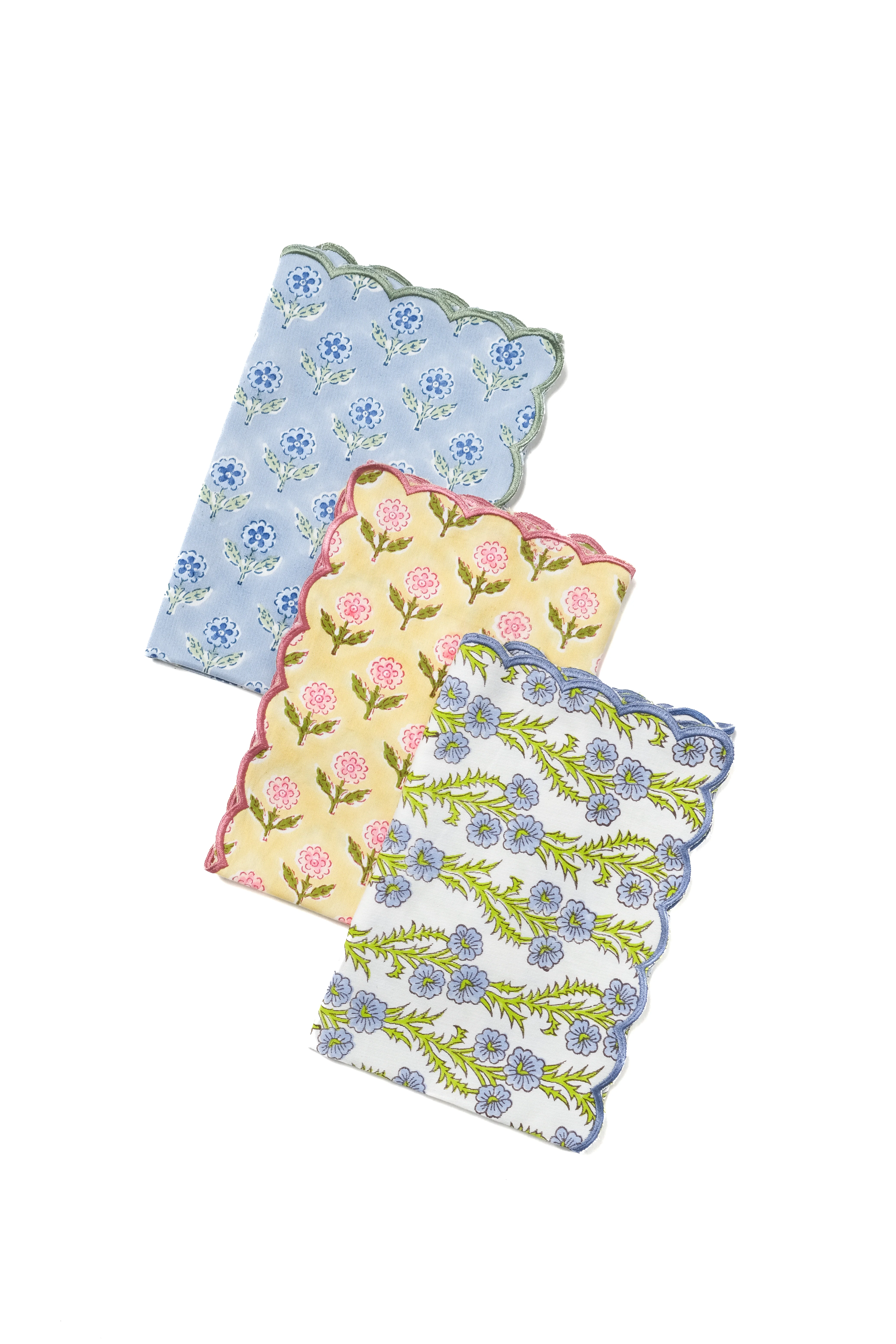 Forget-Me-Not Scallop Embroidered Blockprint Napkins, Set of 4 - Image 4