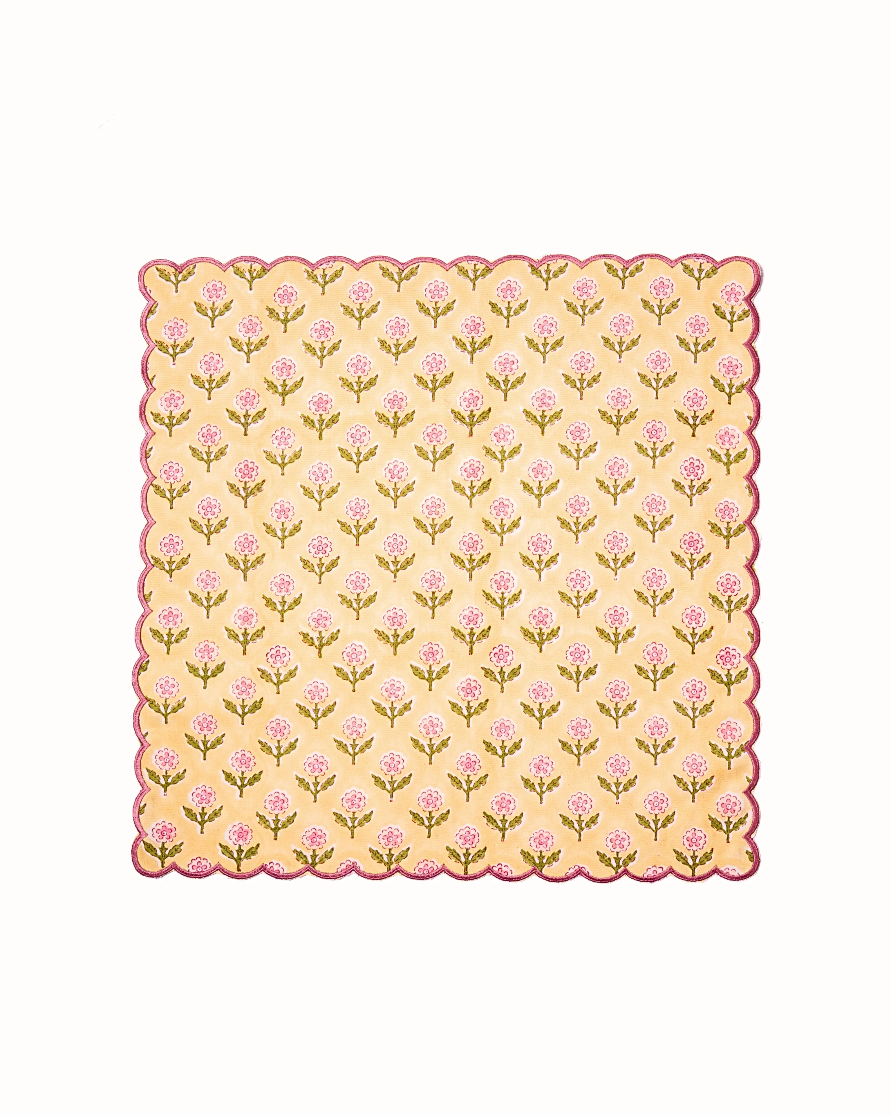 Mona Scallop Embroidered Blockprint Napkins in Butter Yellow, Set of 4 - Image 2