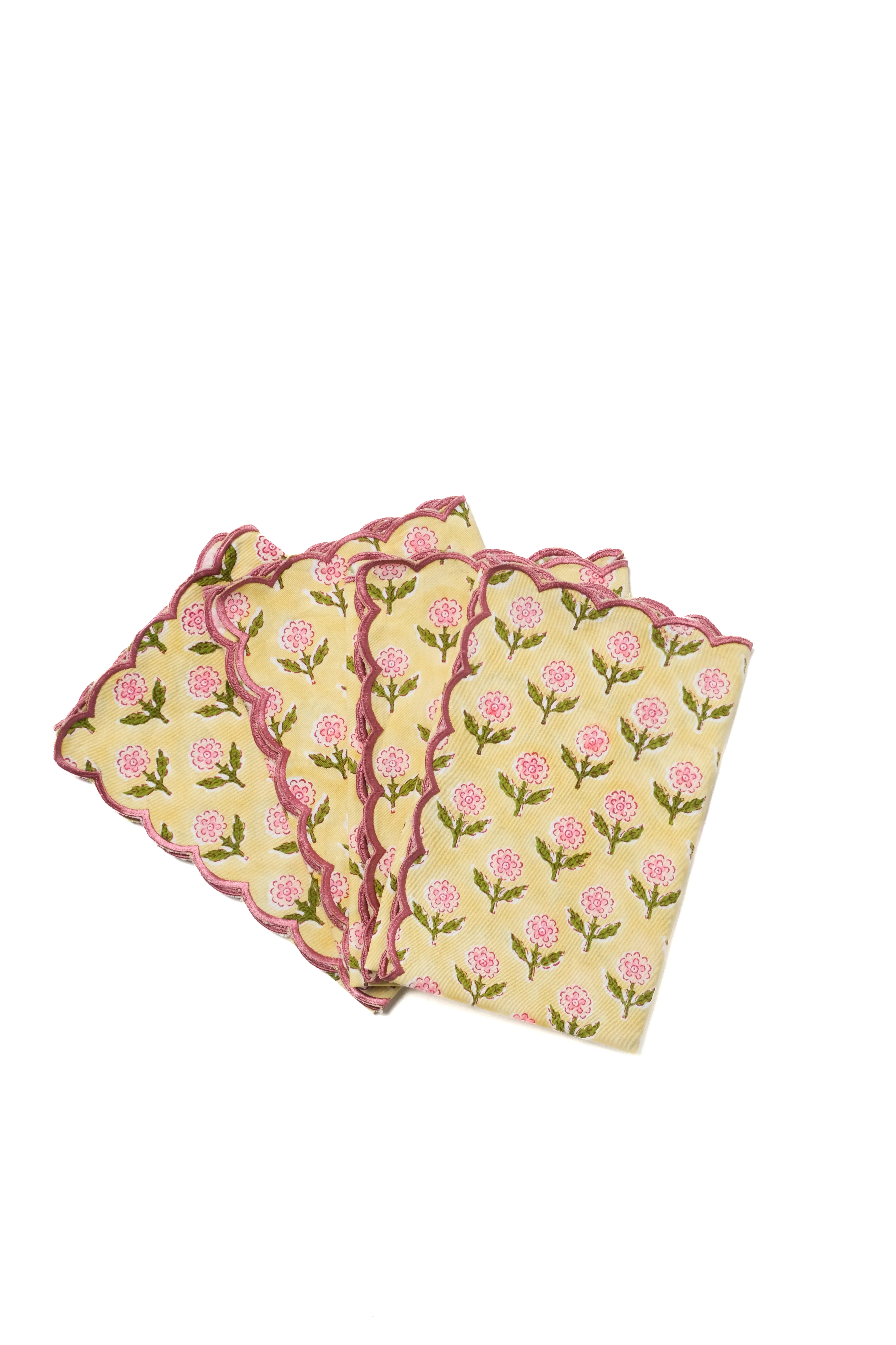 Mona Scallop Embroidered Blockprint Napkins in Butter Yellow, Set of 4 - Image 3