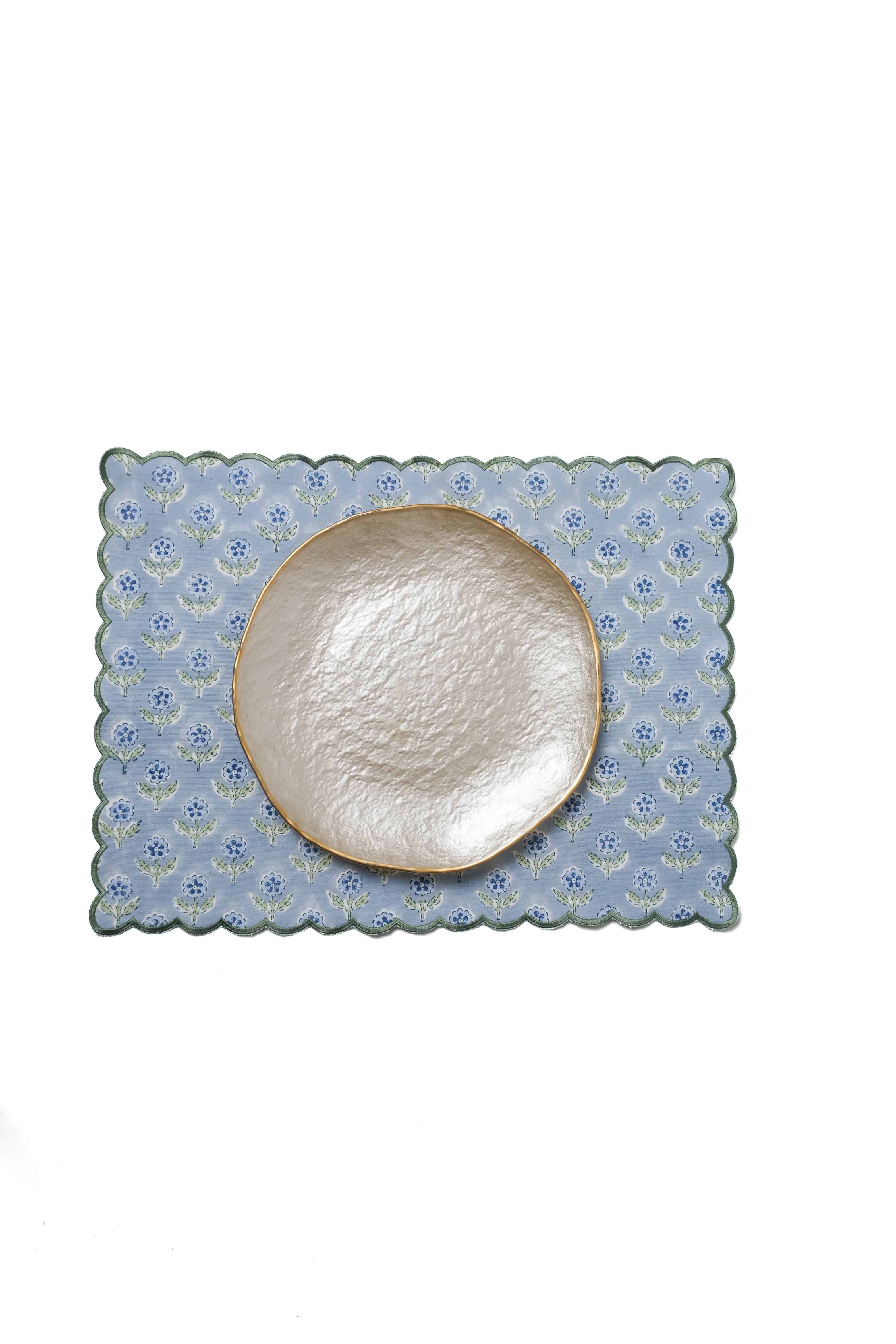 Mona Scallop Embroidered Blockprint Placemat in Blue - Image 4