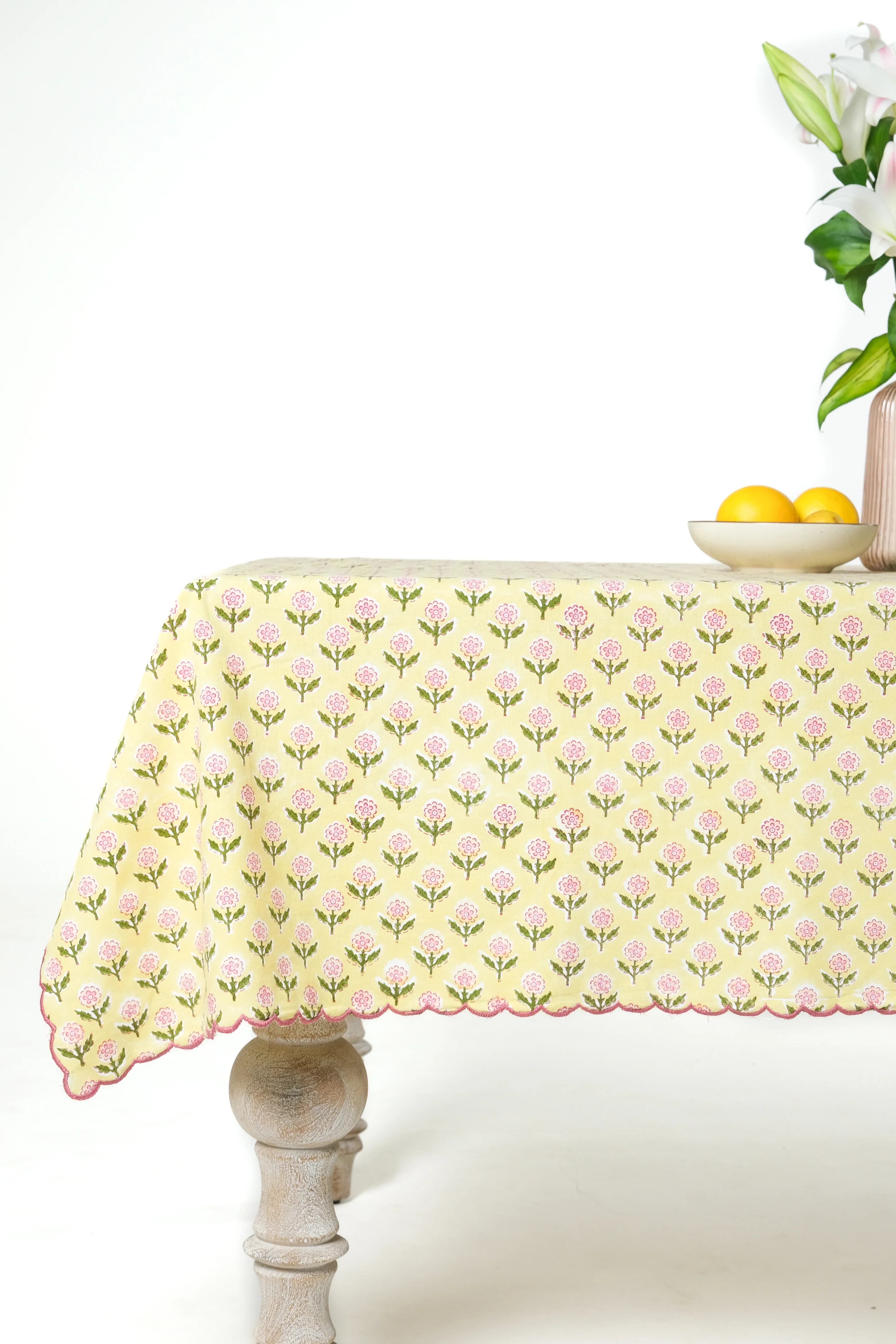 Mona Scallop Embroidered Blockprint Tablecloth in Butter Yellow - Image 4