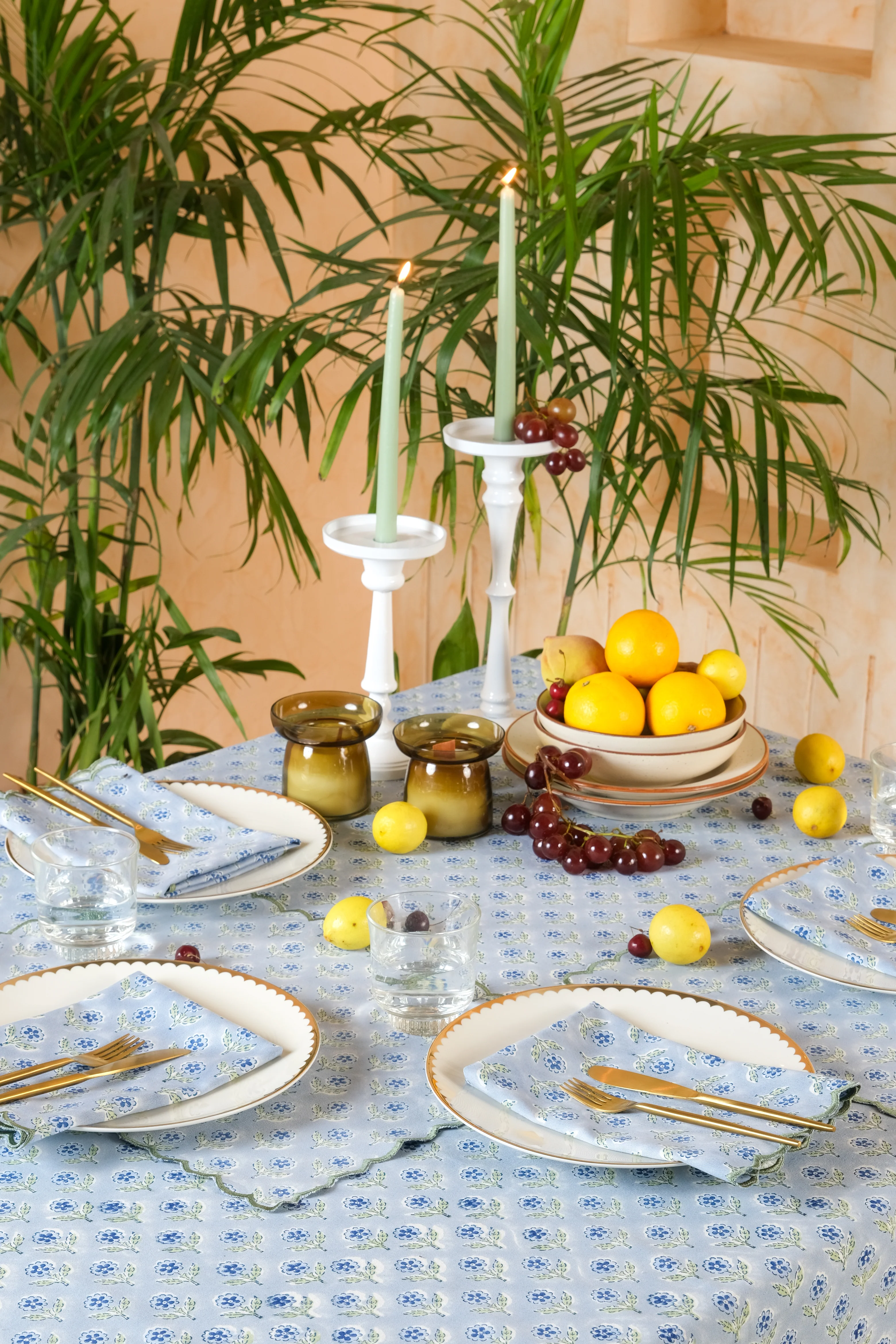 Mona Scallop Embroidered Blockprint Tablecloth in Blue - Image 3